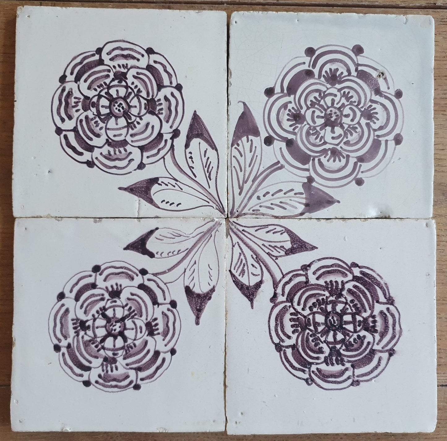 4 x Dutch Delft Mangaan Tiles, Flower, 18th century, antique collectable and backsplash fireplace kitchen tiles