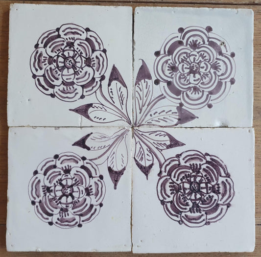 4 x Dutch Delft Mangaan Tiles, Flower, 18th century, antique collectable and backsplash fireplace kitchen tiles