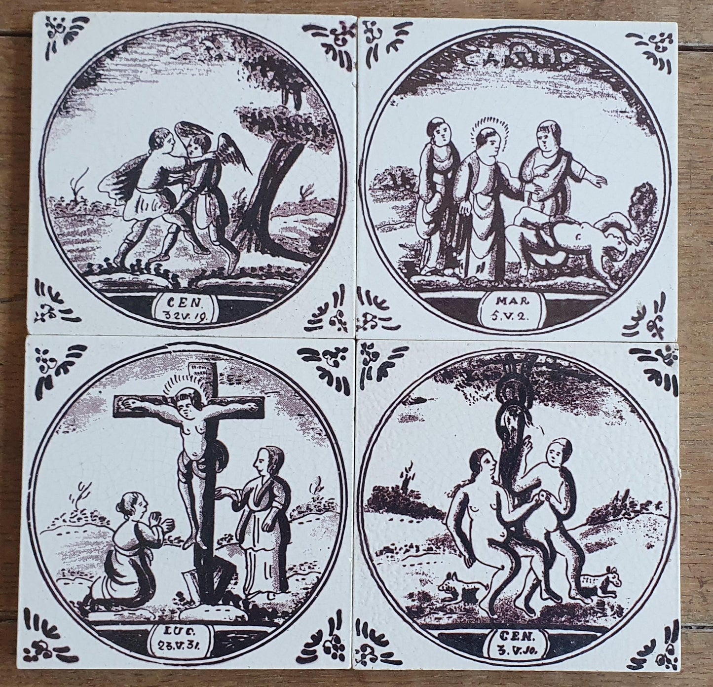 4 x Dutch Delft Mangaan, Bibel, Flower, 20th century, tilepanel antique collectable and backsplash fireplace kitchen tiles