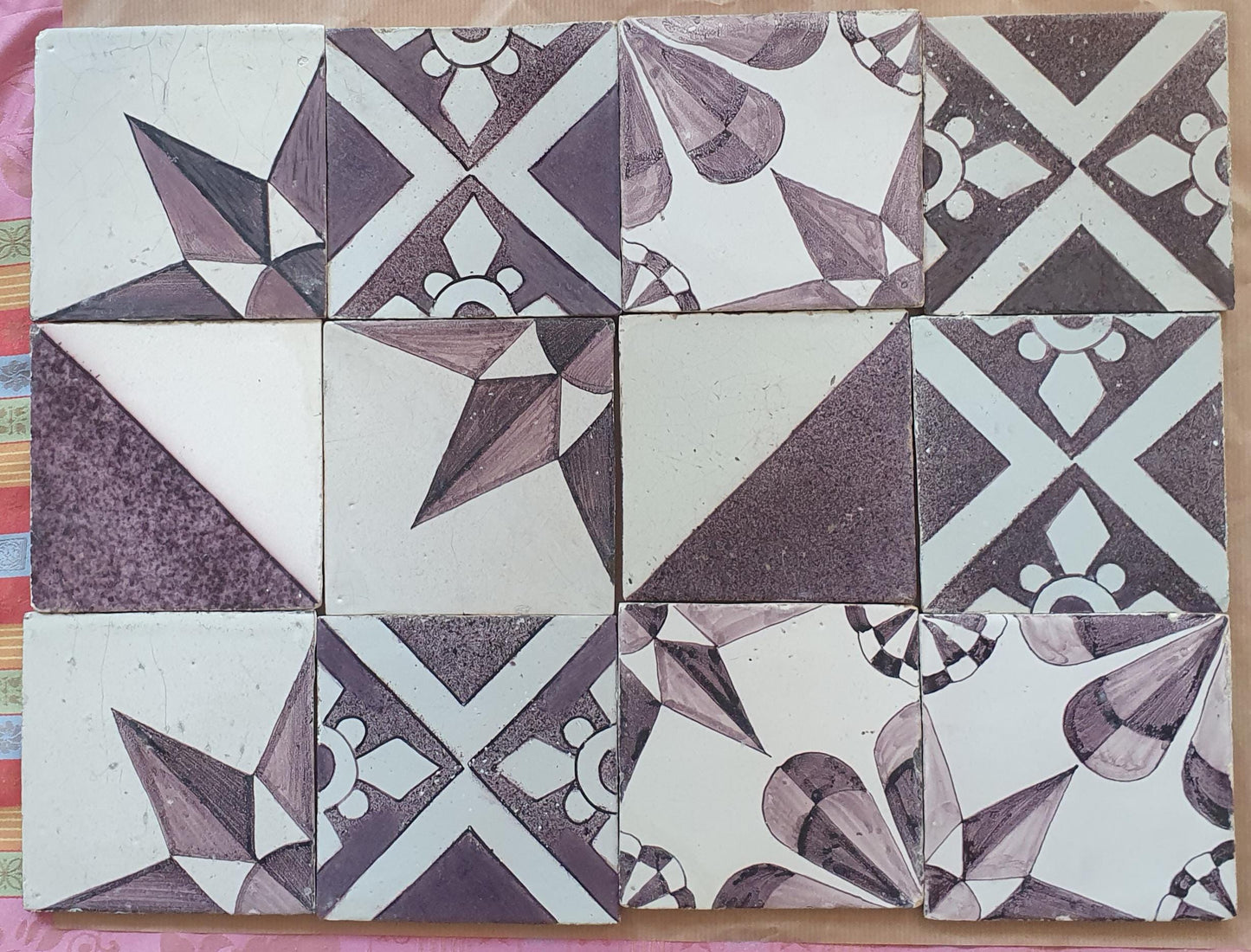 12 x Dutch Delft Mangaan Tiles, Mix, 19th century, antique collectable and backsplash fireplace kitchen tiles