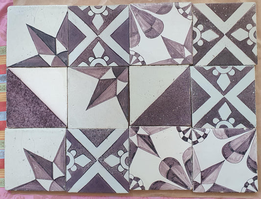 12 x Dutch Delft Mangaan Tiles, Mix, 19th century, antique collectable and backsplash fireplace kitchen tiles