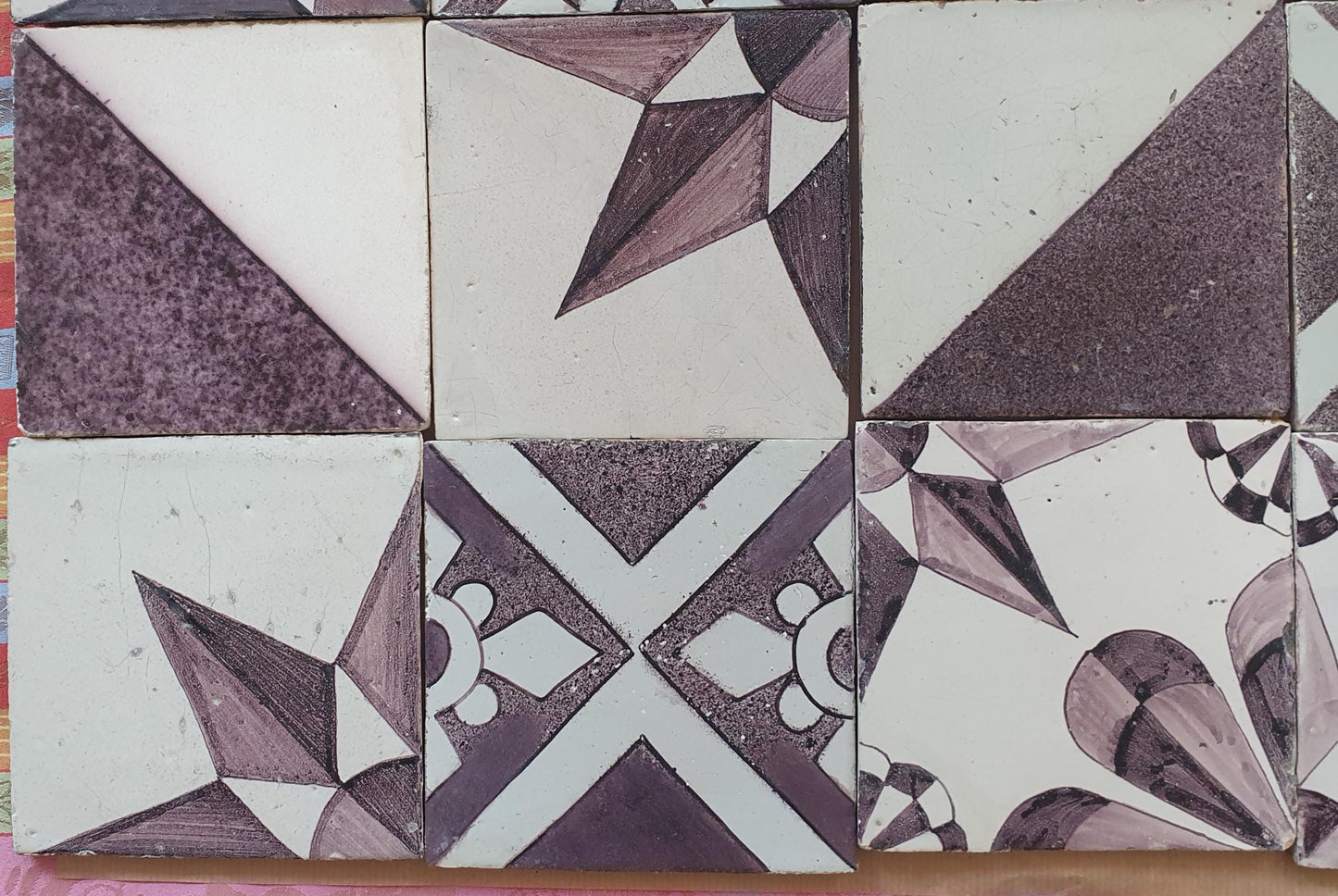 12 x Dutch Delft Mangaan Tiles, Mix, 19th century, antique collectable and backsplash fireplace kitchen tiles