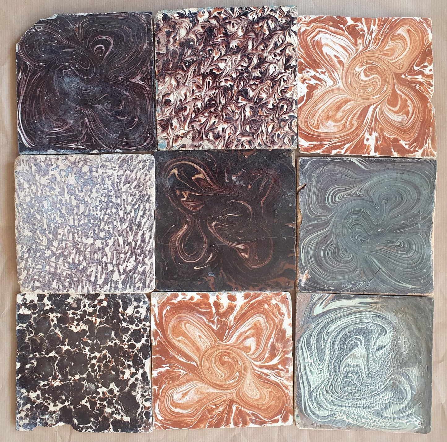 9 x Dutch Delft Mangaan Tiles, Mix, 18th century, tilepanel  antique collectable and backsplash fireplace kitchen tiles