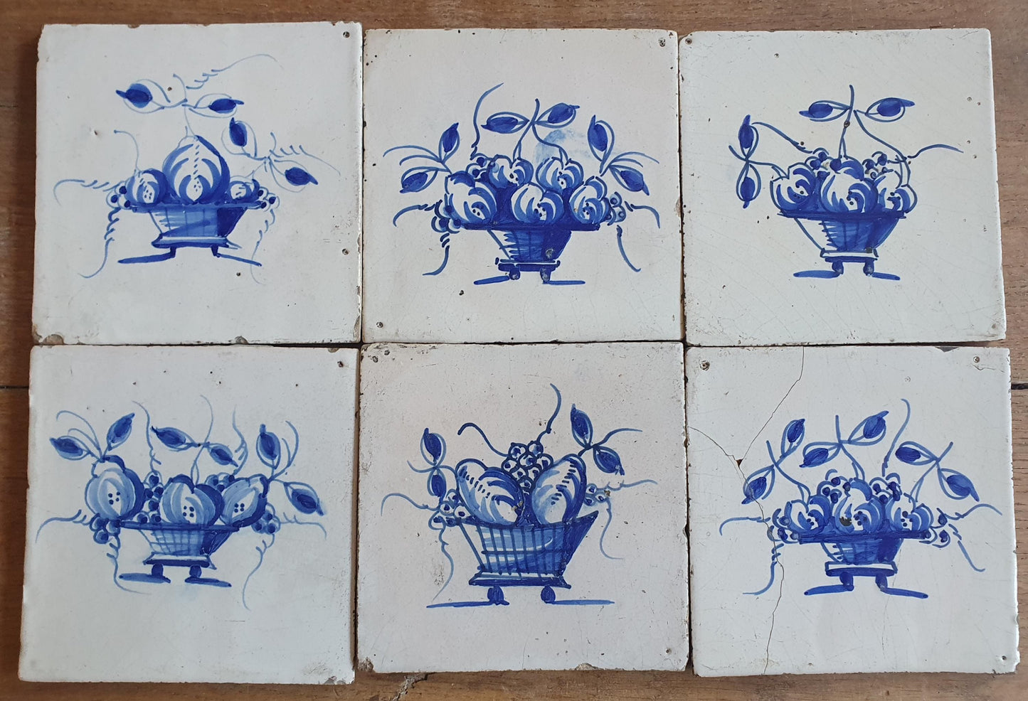 6 x Dutch Delft Blue Tiles, Fruit bowl, 18th century, tilepanel antique collectable and backsplash fireplace kitchen tiles Set of 6