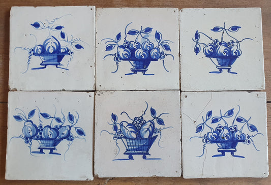 6 x Dutch Delft Blue Tiles, Fruit bowl, 18th century, tilepanel antique collectable and backsplash fireplace kitchen tiles Set of 6