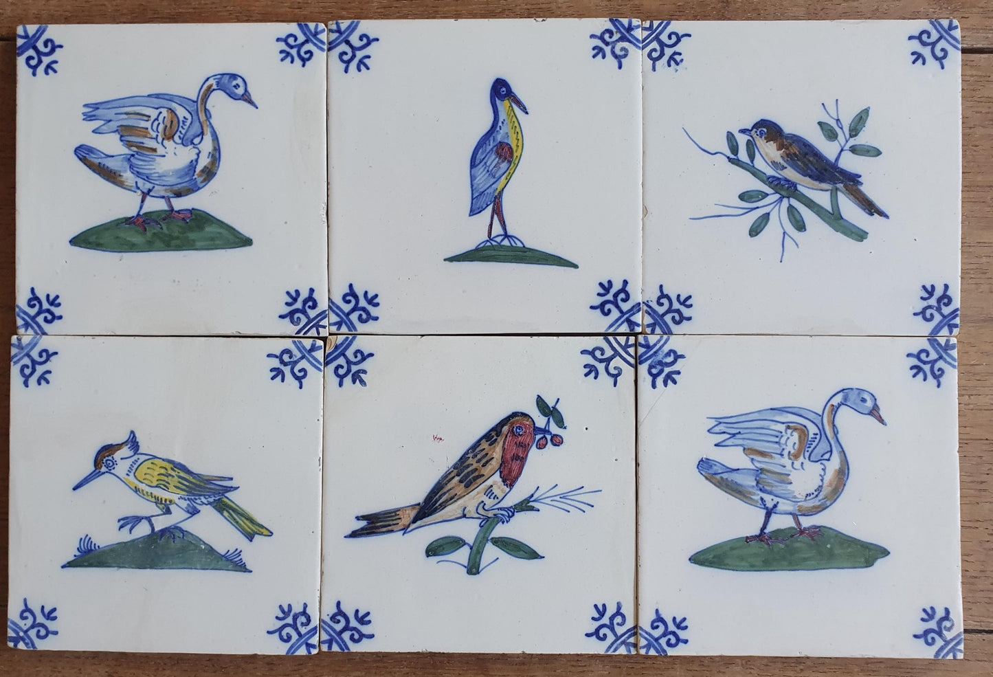 6 x Dutch Delft Blue Tilefield, Birds, 20th century, tilepanel antique collectable and backsplash fireplace kitchen tiles, Set of 6.