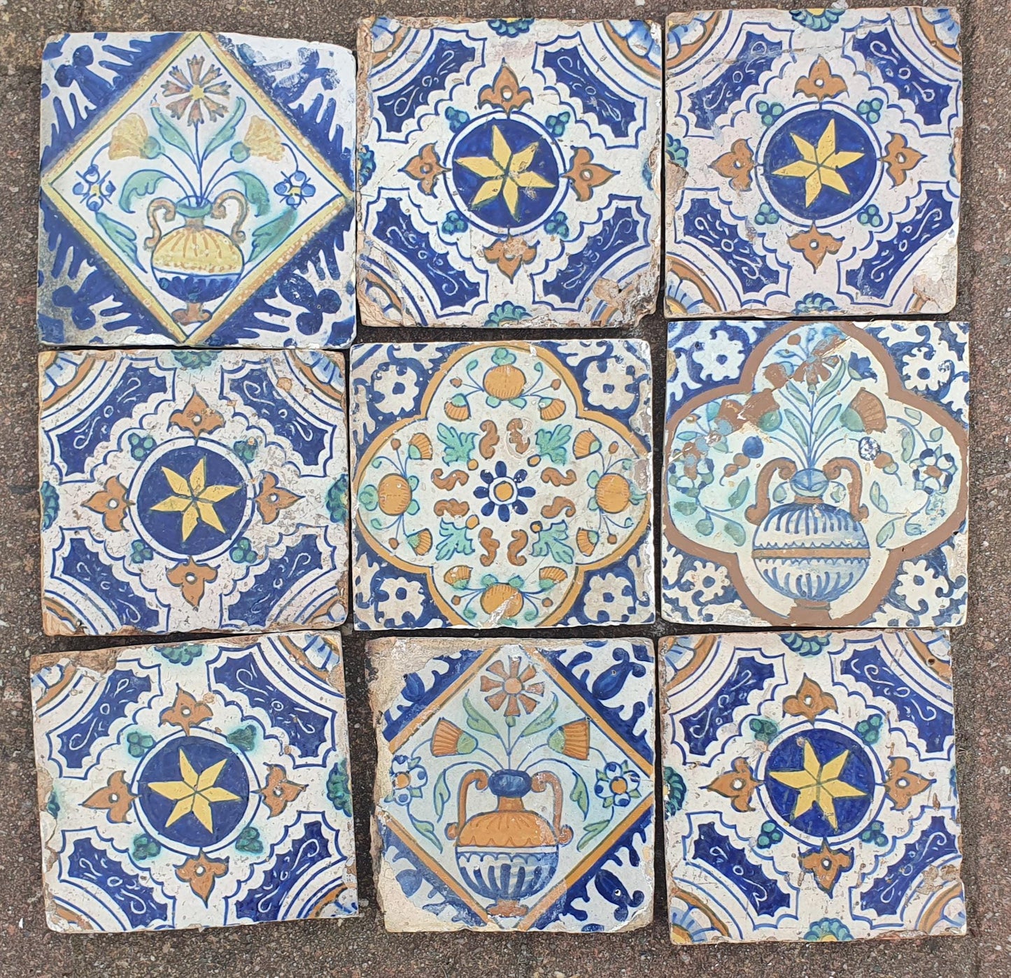 9 x Dutch Delft Blue Tile shards, ornament, 17th century, antique collectable and backsplash fireplace kitchen tiles.
