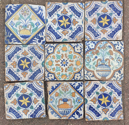 9 x Dutch Delft Blue Tile shards, ornament, 17th century, antique collectable and backsplash fireplace kitchen tiles.