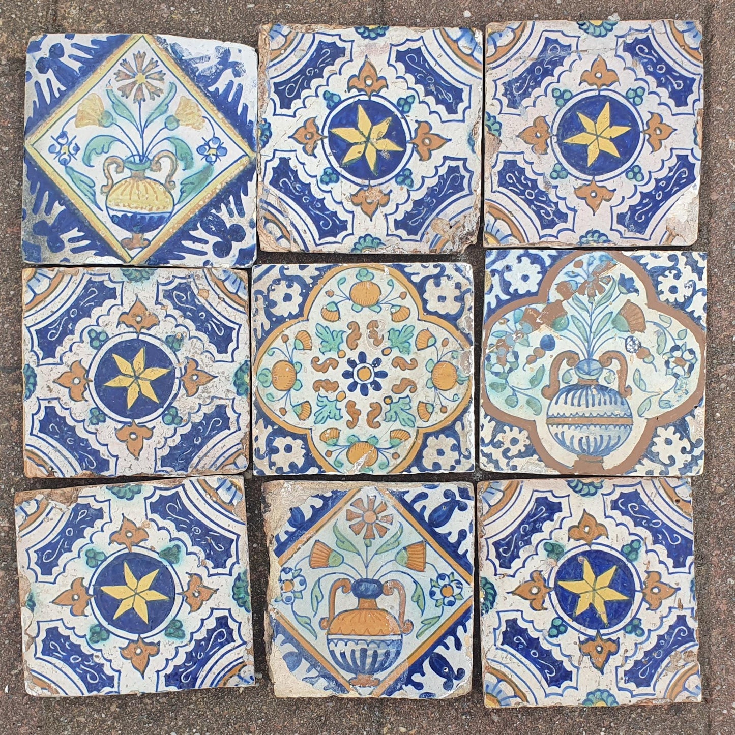 9 x Dutch Delft Blue Tile shards, ornament, 17th century, antique collectable and backsplash fireplace kitchen tiles.