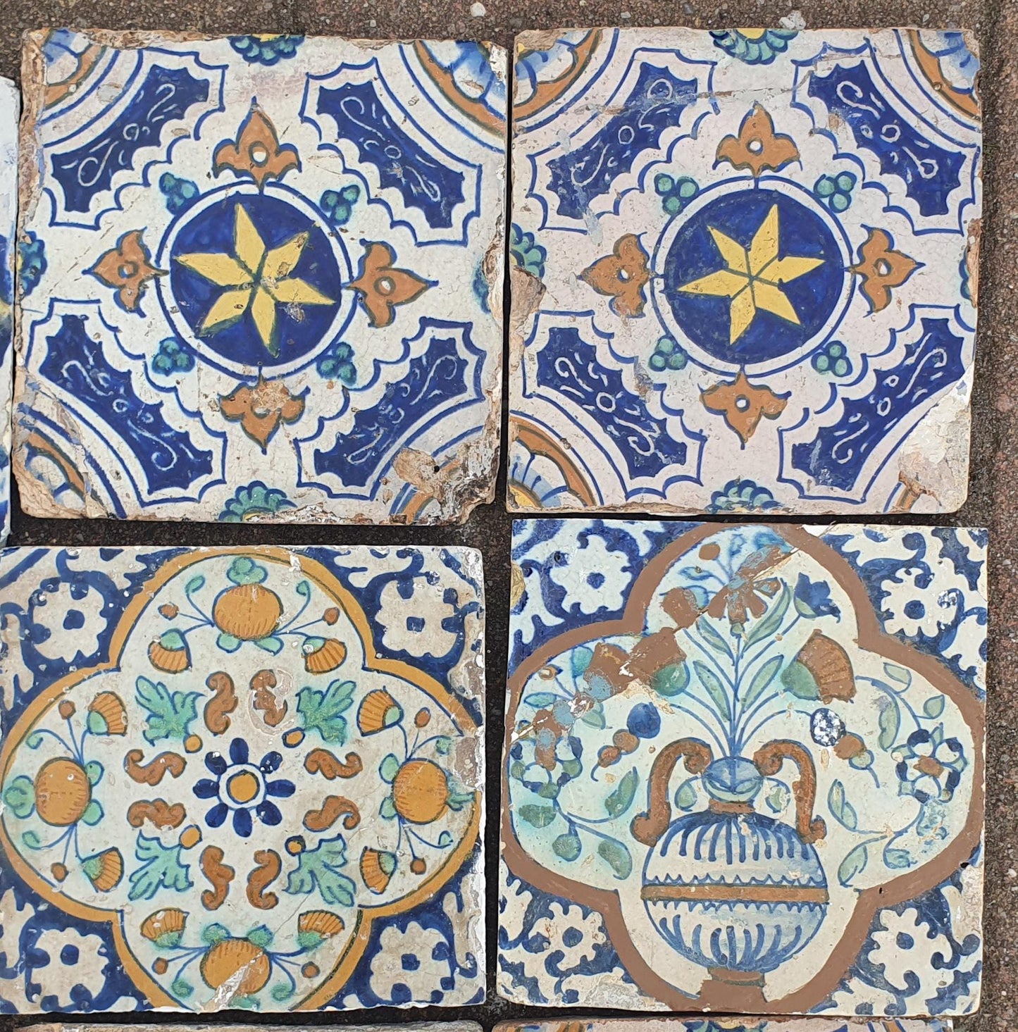 9 x Dutch Delft Blue Tile shards, ornament, 17th century, antique collectable and backsplash fireplace kitchen tiles.