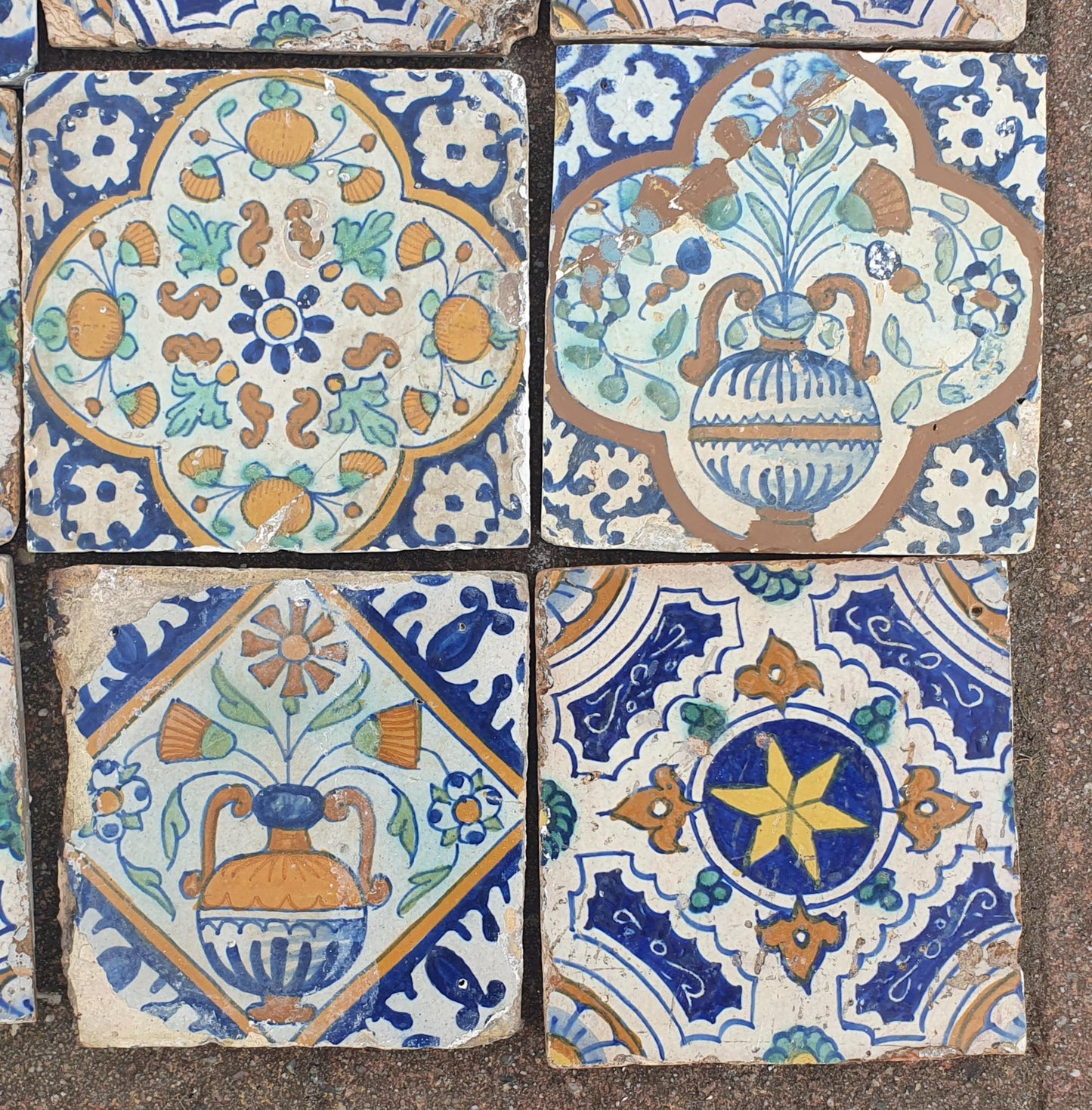 9 x Dutch Delft Blue Tile shards, ornament, 17th century, antique collectable and backsplash fireplace kitchen tiles.