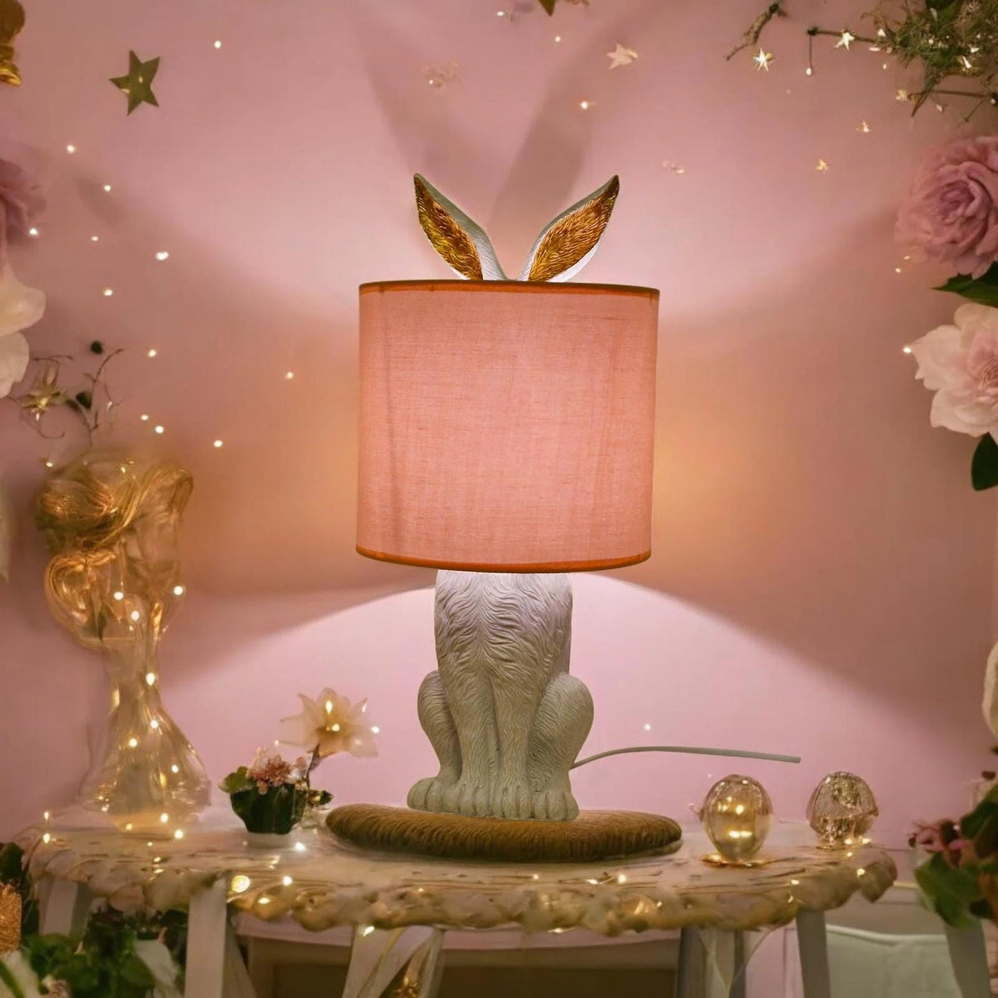 Hare Table Lamp, Pink Shade, Gold Accent, Whimsical Nursery Decor rabbit baby
