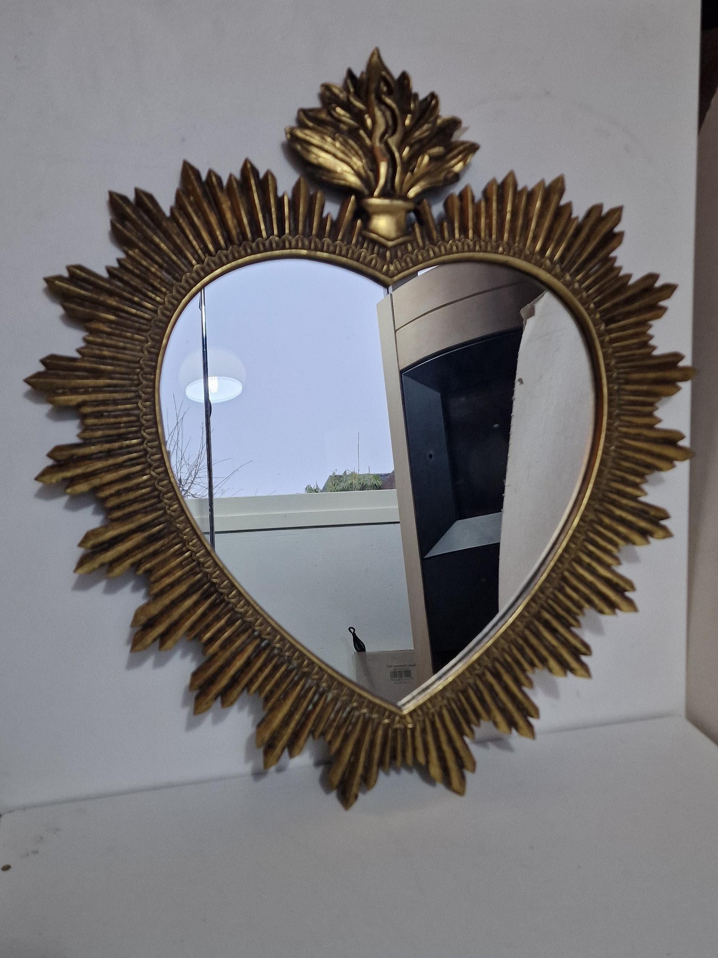 vintage large sacred heart mirror sunbeam sunray , 52 x 49 cm,  gilt wood