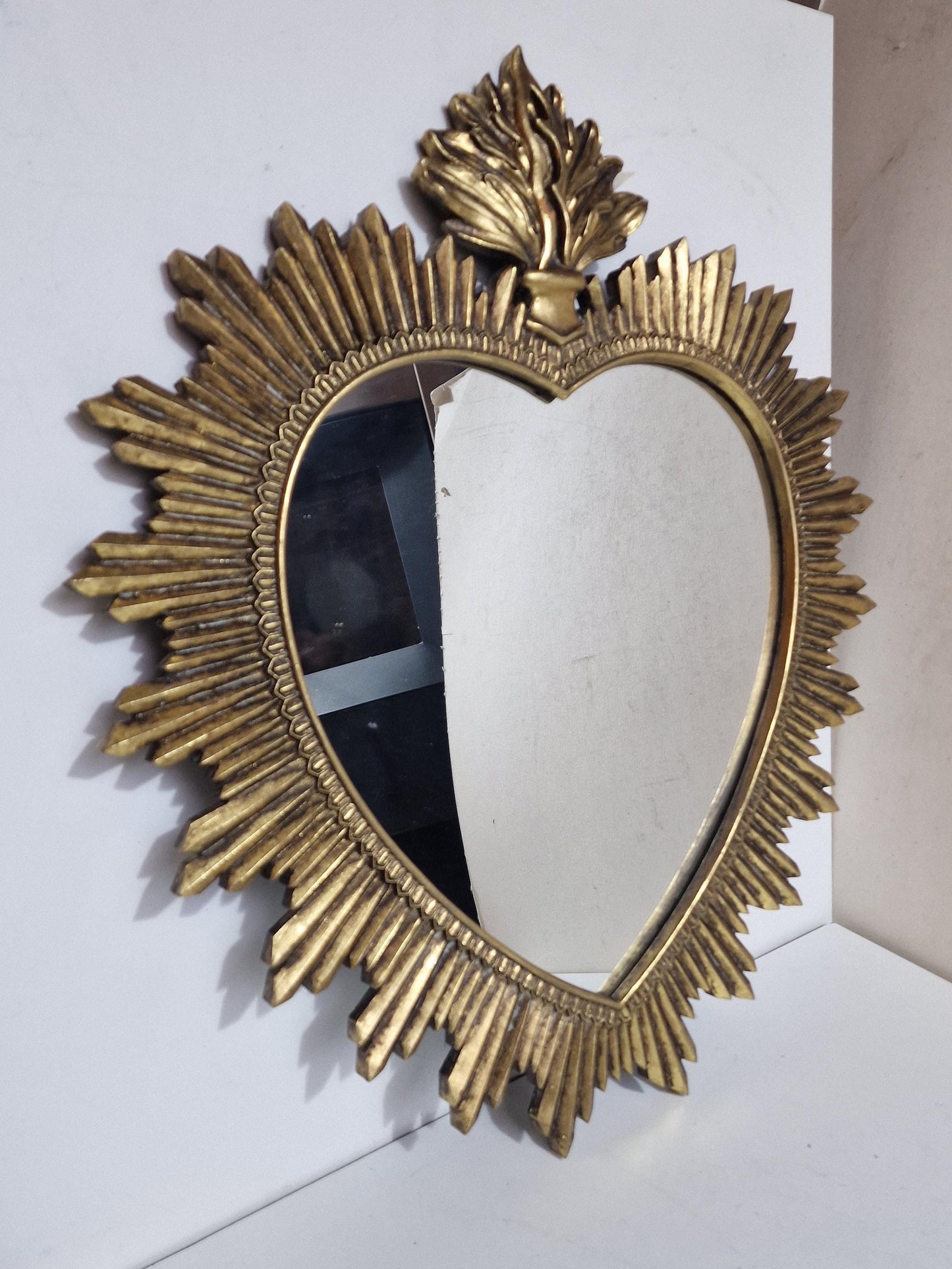 vintage large sacred heart mirror sunbeam sunray , 52 x 49 cm,  gilt wood