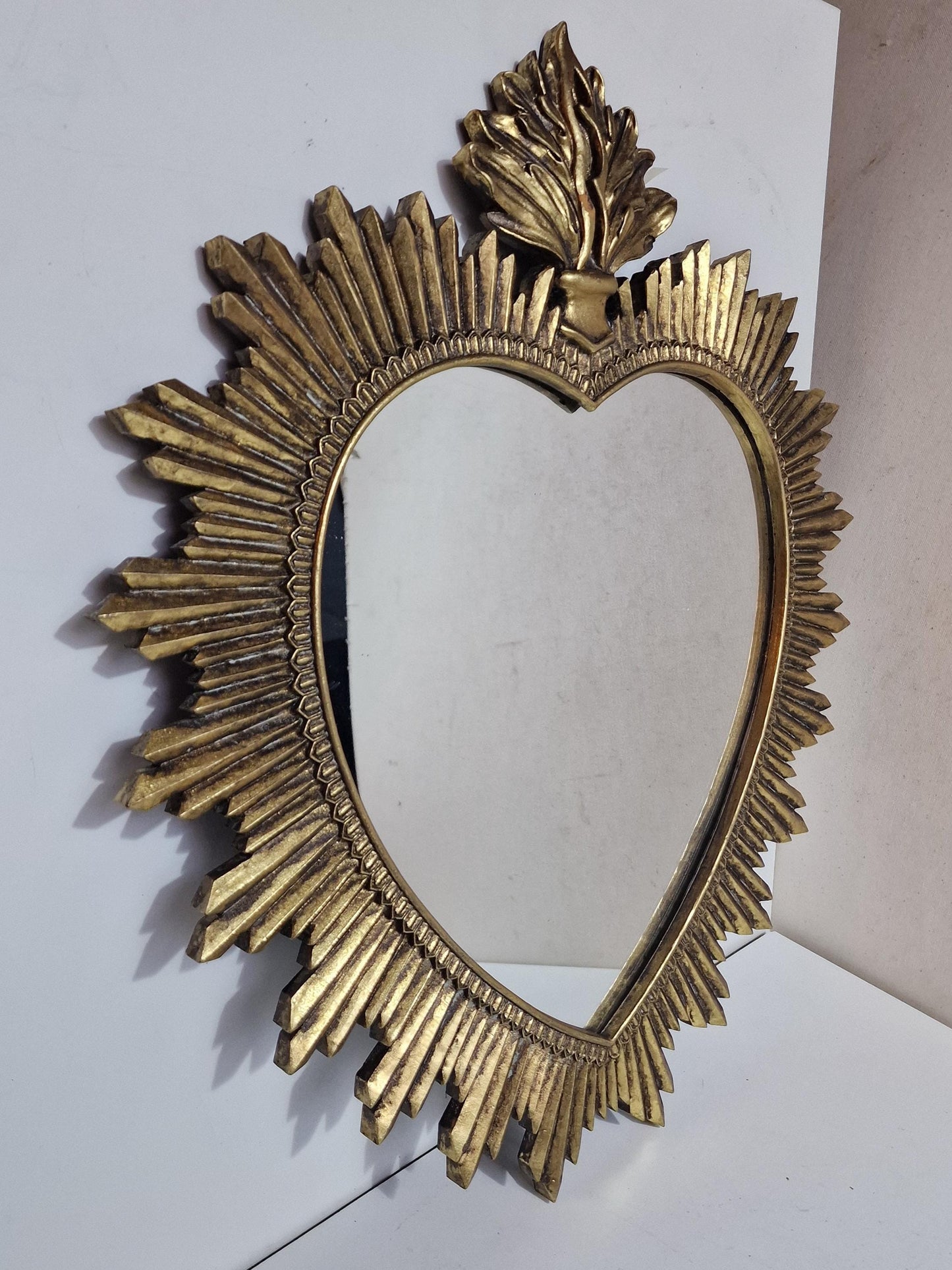 vintage large sacred heart mirror sunbeam sunray , 52 x 49 cm,  gilt wood