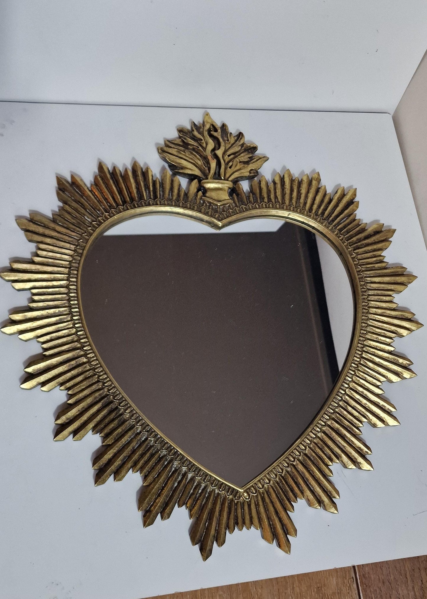 vintage large sacred heart mirror sunbeam sunray , 52 x 49 cm,  gilt wood