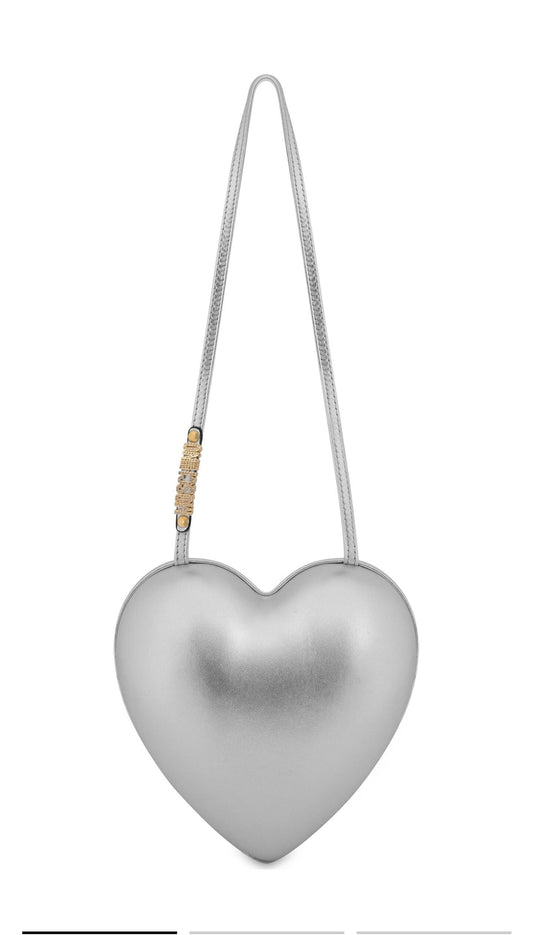 Moschino Couture Heart Shaped Shoulder Bag Silver Metallic Mini Crossbody Designer Handbag magnetic closure vintage
