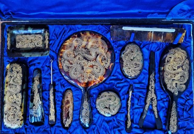 dressing table set toilet set antique Hong Kong China Art Nouveau vintage vanity set ca 1920-1930 FAUX tortoi shell celluloid between Art Deco Nouveau
