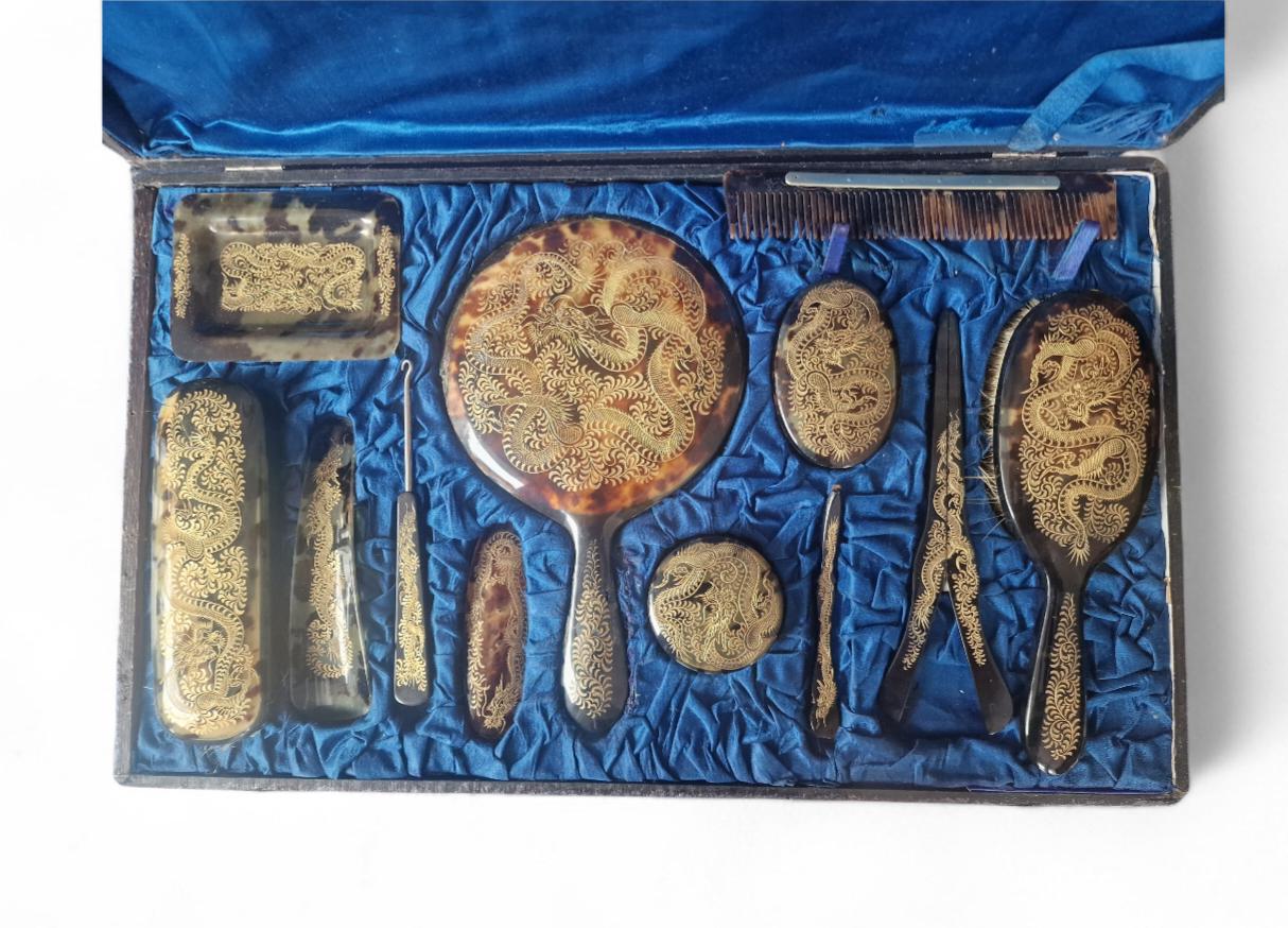 dressing table set toilet set antique Hong Kong China Art Nouveau vintage vanity set ca 1920-1930 FAUX tortoi shell celluloid between Art Deco Nouveau