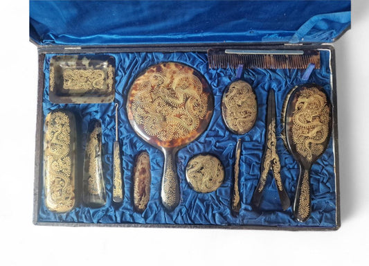 dressing table set toilet set antique Hong Kong China Art Nouveau vintage vanity set ca 1920-1930 FAUX tortoi shell celluloid between Art Deco Nouveau