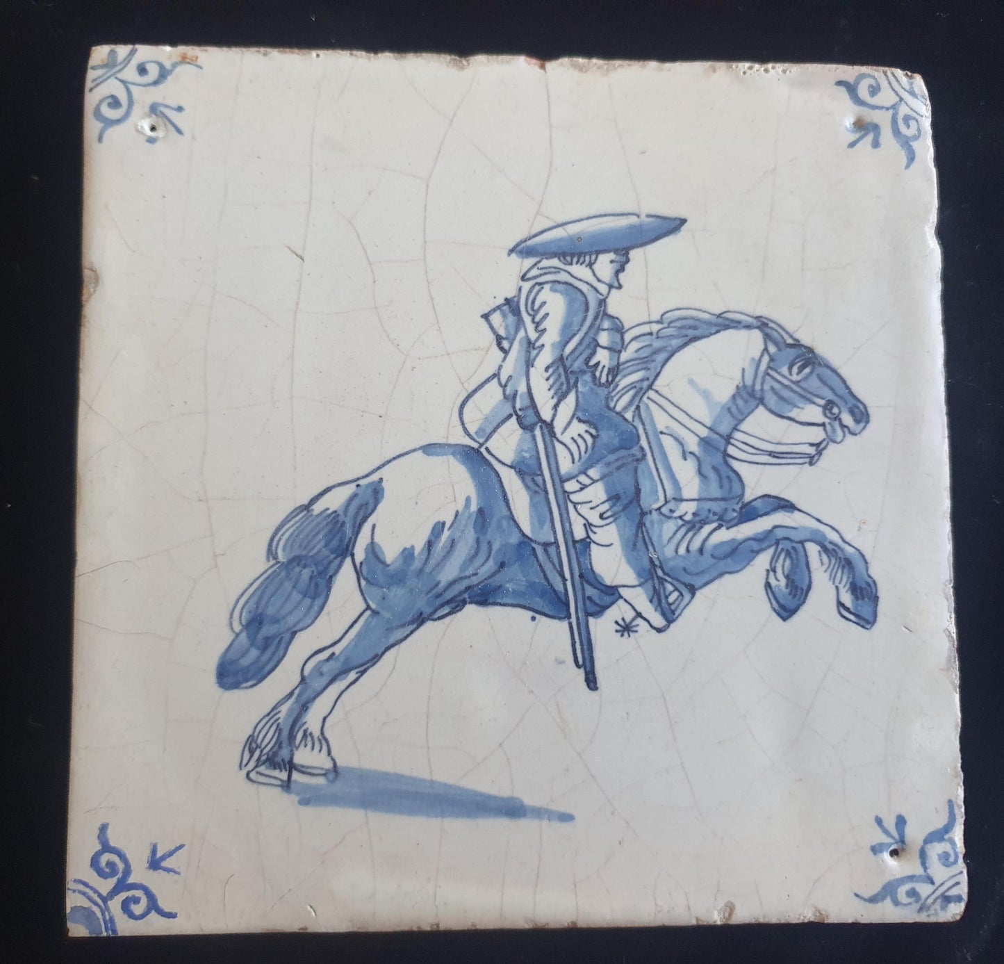 Dutch Delft Blue Tile, Horse rider, figuretile 17th century, antique collectable and backsplash fireplace kitchen tiles