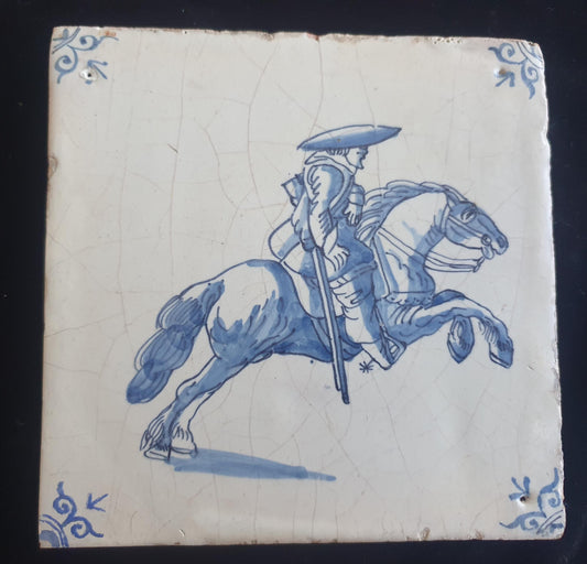 Dutch Delft Blue Tile, Horse rider, figuretile 17th century, antique collectable and backsplash fireplace kitchen tiles