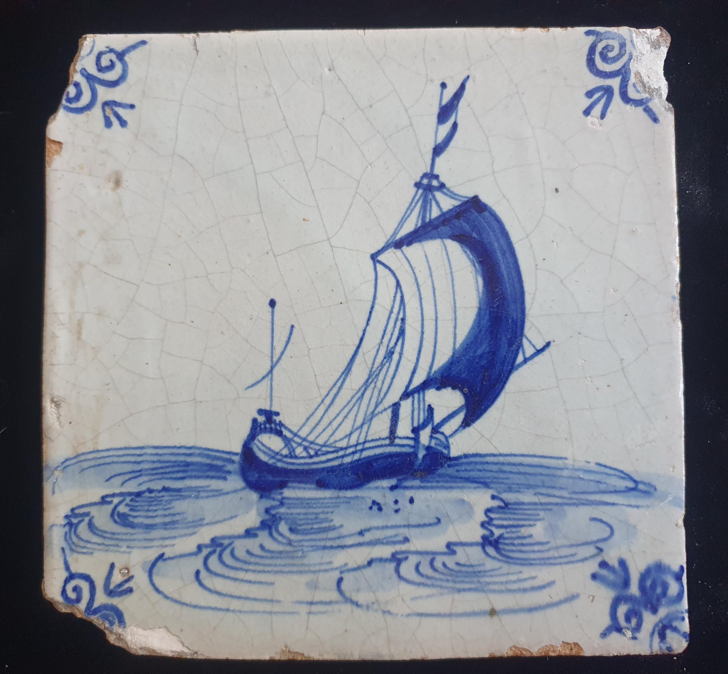 Dutch Delft Blue Tile, Sailing ship,shiptile 17th century, antique collectable and backsplash fireplace kitchen tile