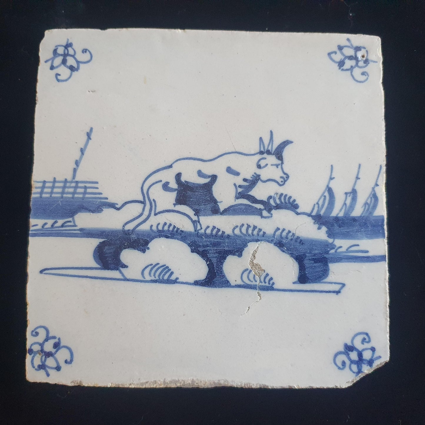 Dutch Delft Blue Tile, Cow, 18th century, landscapetile antique collectable and backsplash fireplace kitchen tiles