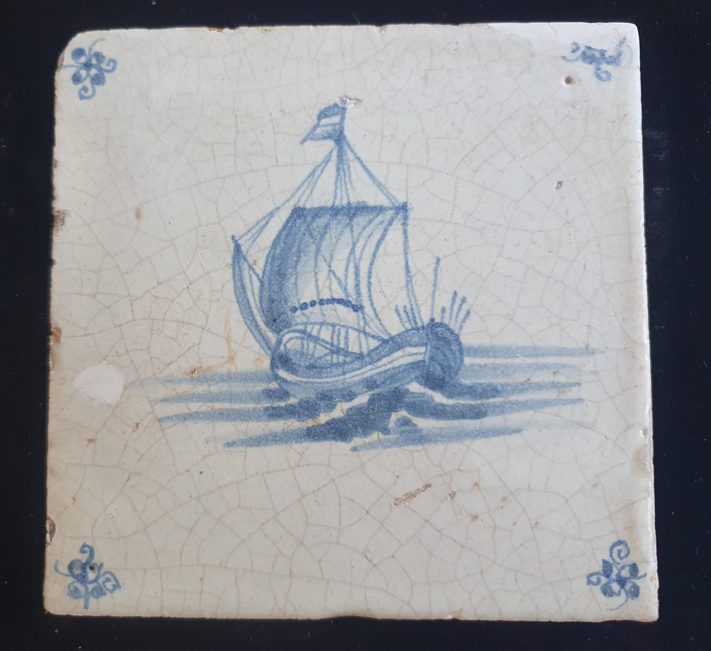 Dutch Delft Blue Tile, Sailing ship, 17th century, antique collectable and backsplash fireplace kitchen tile