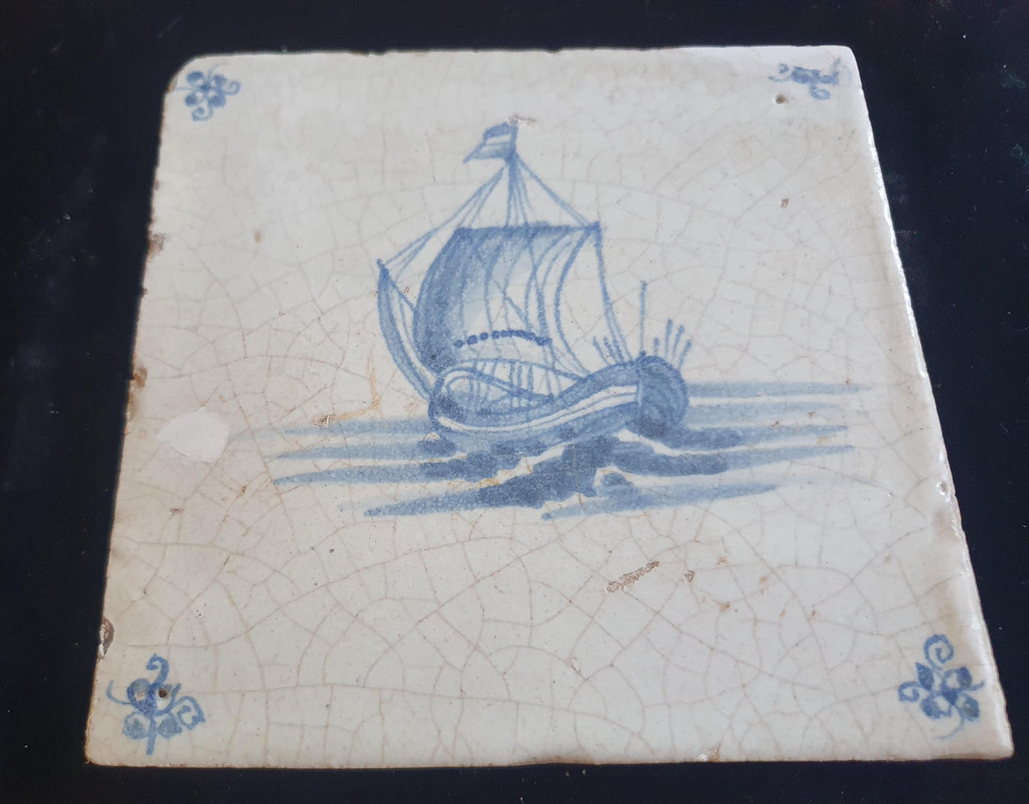 Dutch Delft Blue Tile, Sailing ship, 17th century, antique collectable and backsplash fireplace kitchen tile