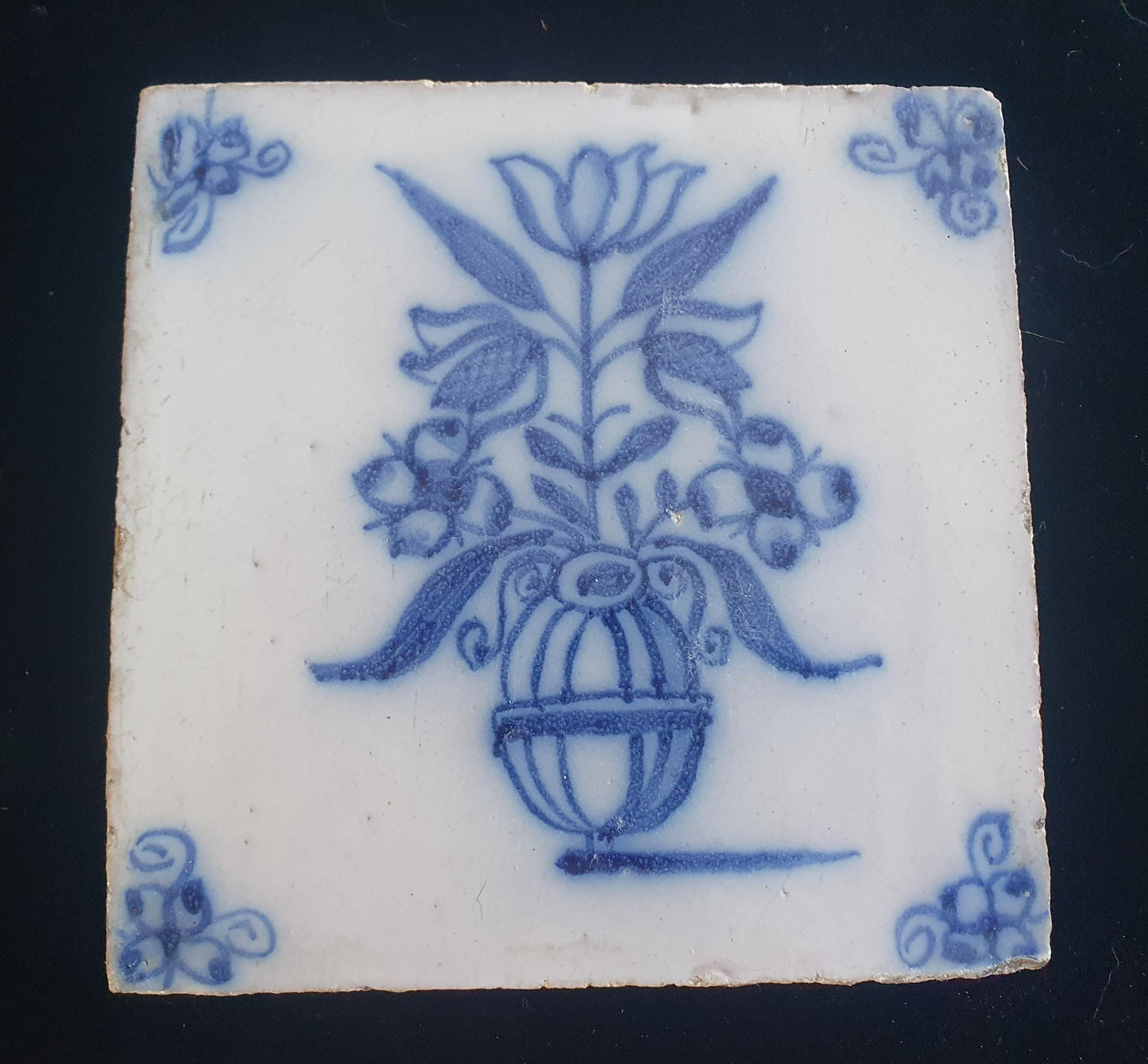 Dutch Delft Blue Tile, Flowerpot, 19th century, antique collectable and backsplash fireplace kitchen tiles