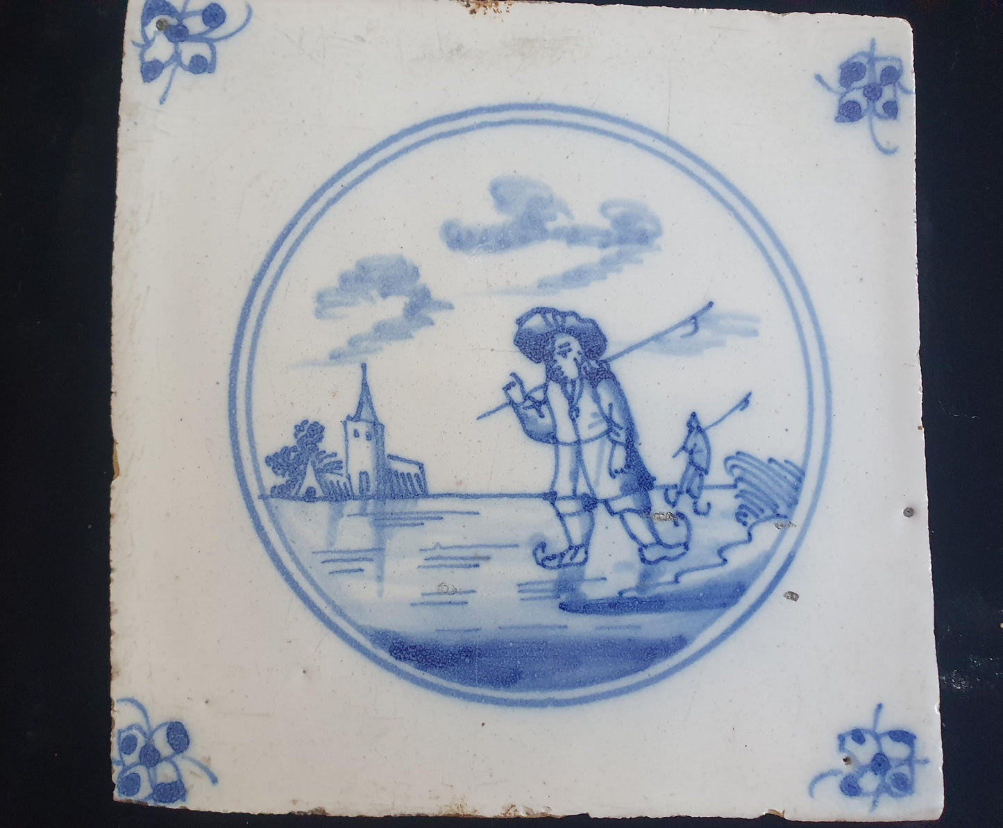 Dutch Delft Blue Tile, Skater, 19th century, antique collectable and backsplash fireplace kitchen tiles