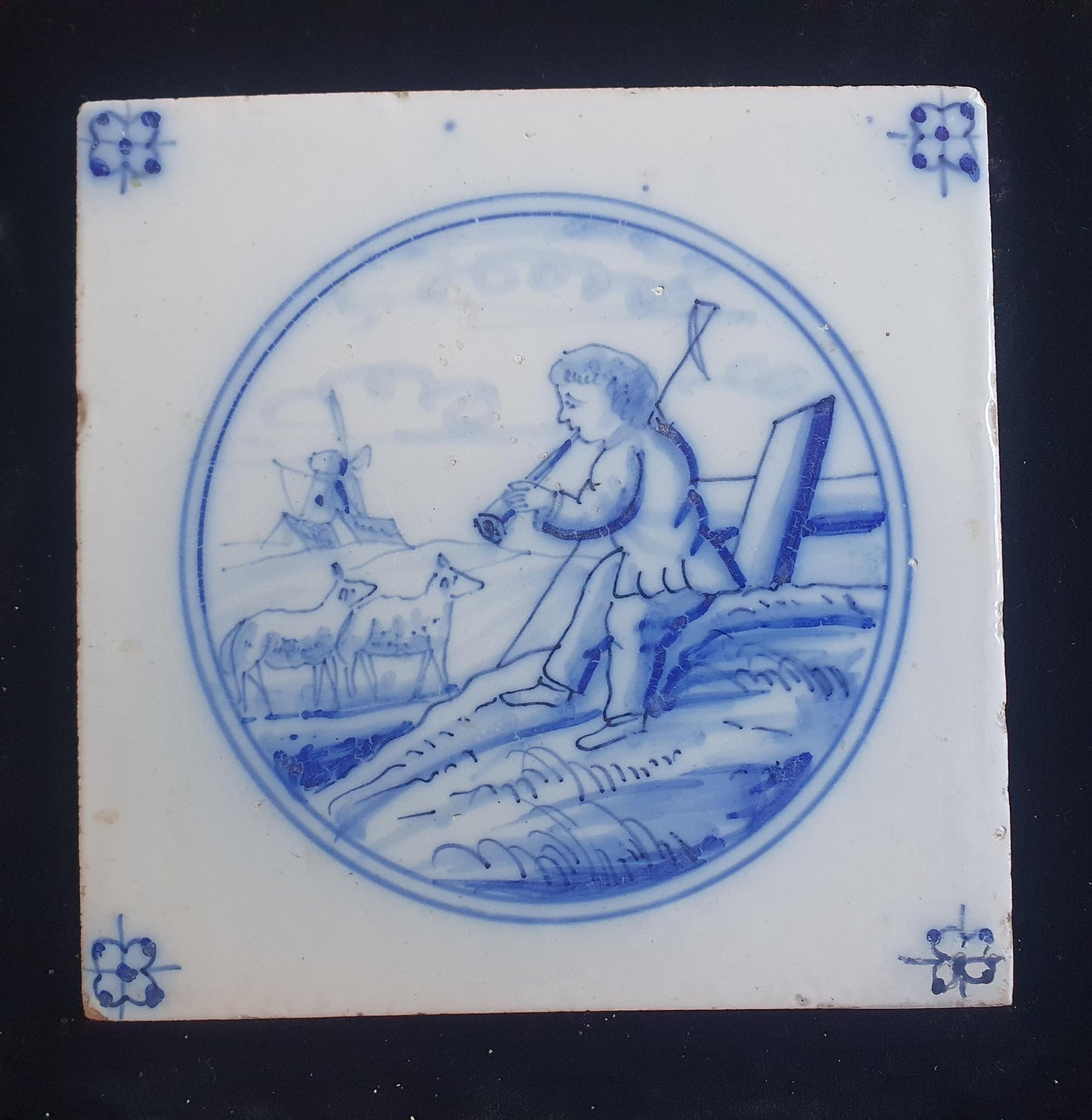 Dutch Delft Blue Tile, Music player, 19th century, antique collectable and backsplash fireplace kitchen tiles