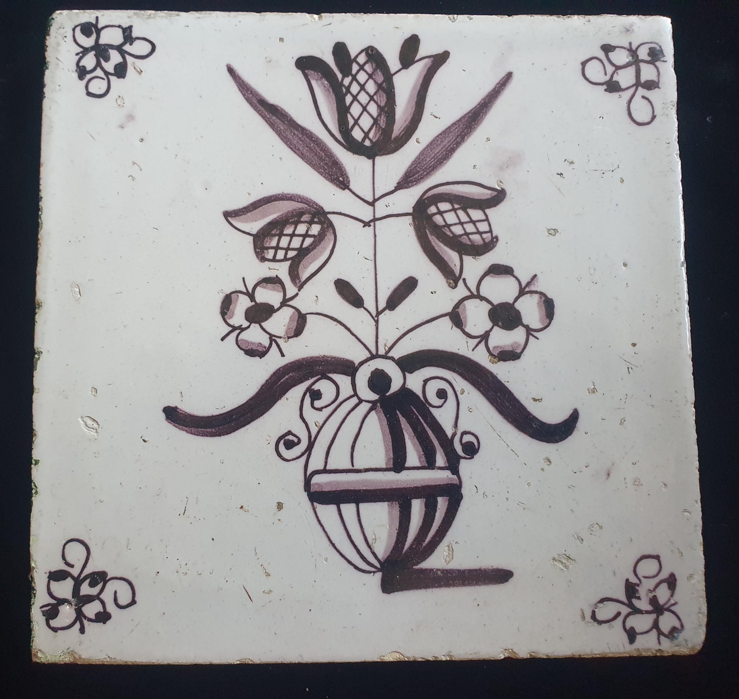 Dutch Delft Mangaan Tile, Flowerpot, 19th century, antique collectable and backsplash fireplace kitchen tiles