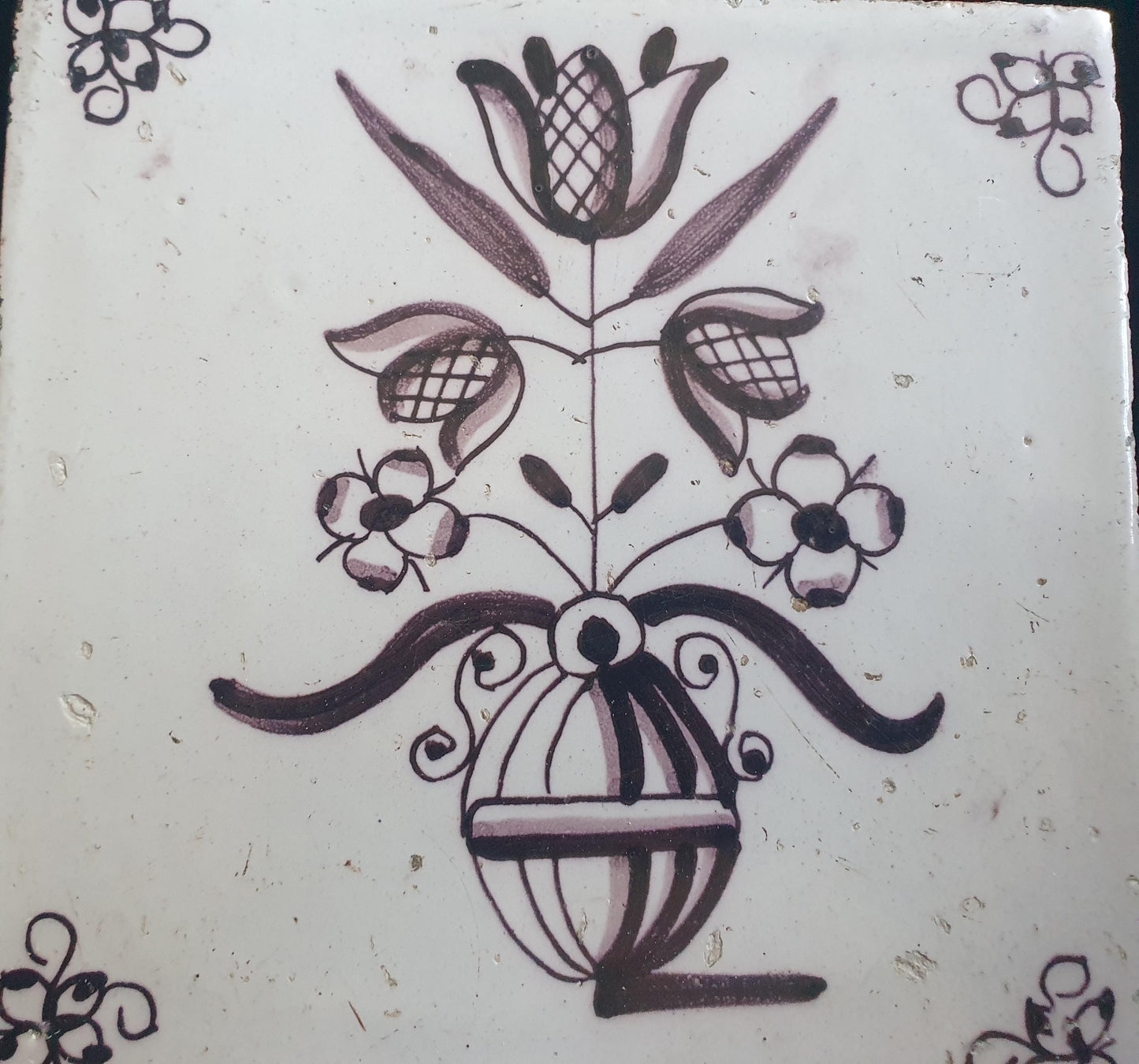 Dutch Delft Mangaan Tile, Flowerpot, 19th century, antique collectable and backsplash fireplace kitchen tiles