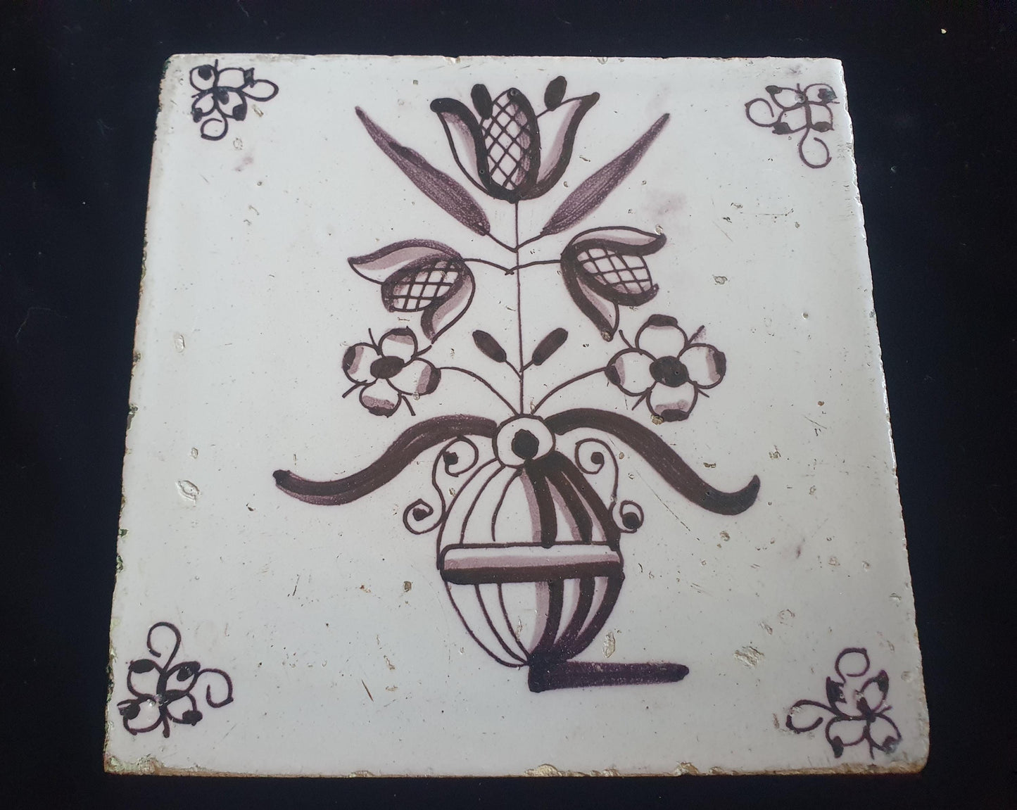 Dutch Delft Mangaan Tile, Flowerpot, 19th century, antique collectable and backsplash fireplace kitchen tiles