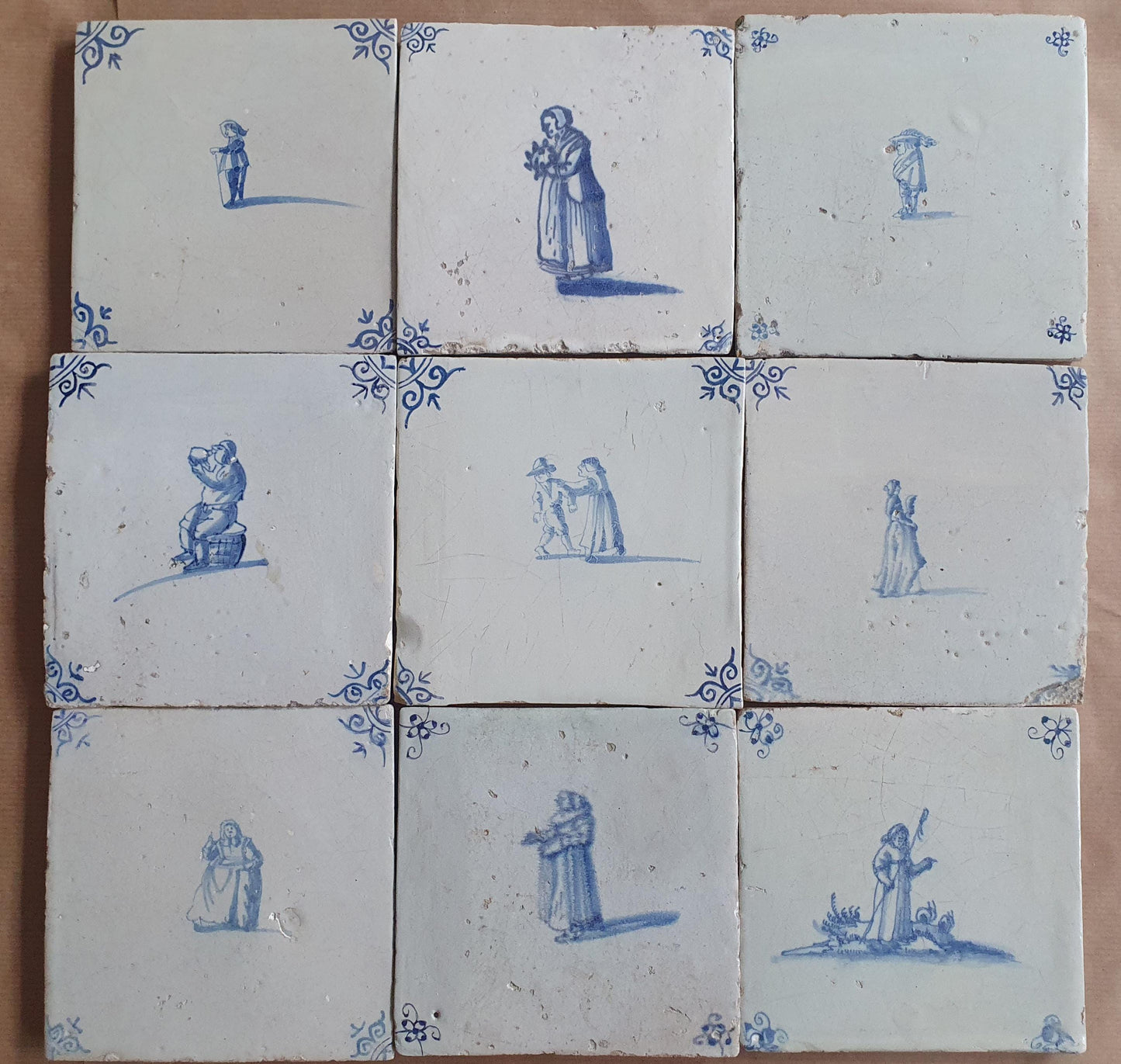 9 x Antique Delft tiles with People , tilepanel 17th Century Dutch Wall Decor,