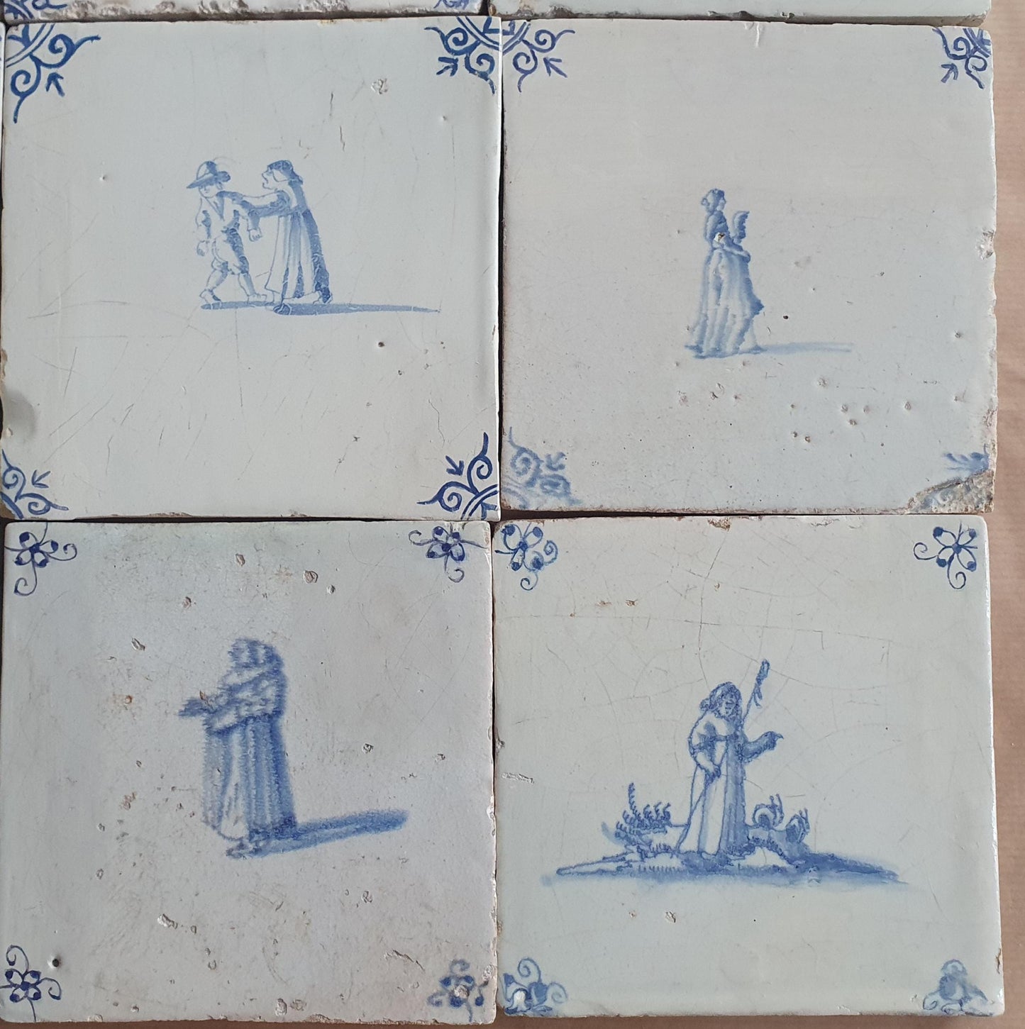 9 x Antique Delft tiles with People , tilepanel 17th Century Dutch Wall Decor,
