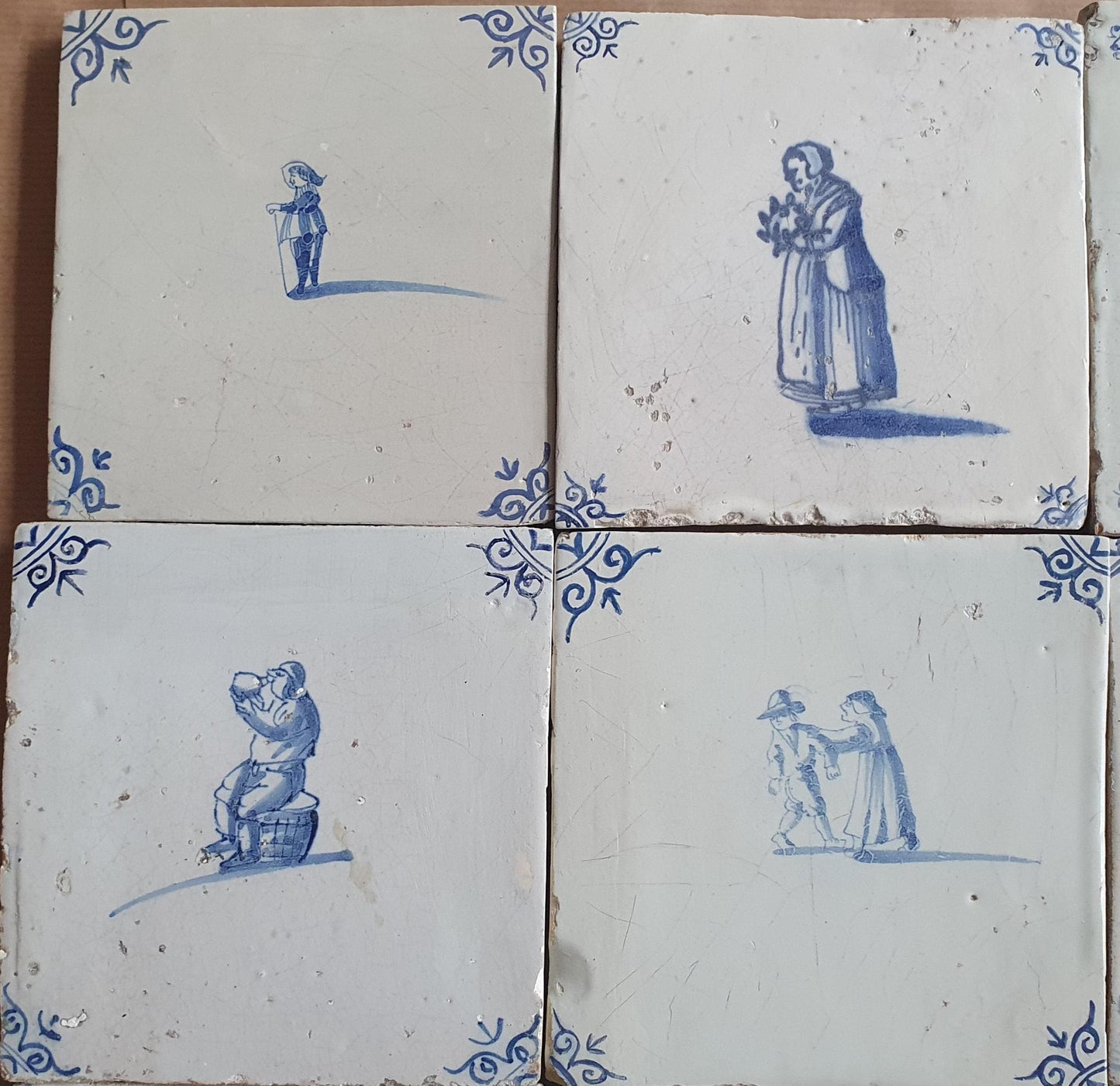 9 x Antique Delft tiles with People , tilepanel 17th Century Dutch Wall Decor,