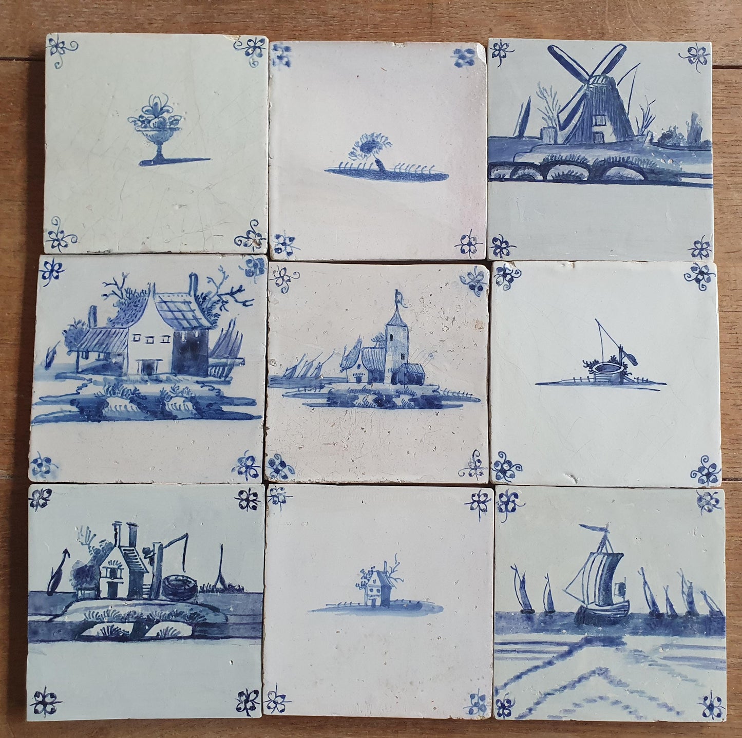 9 x Antique Delft landscape Tiles, tilepanel 17th Century Dutch Wall Decor.