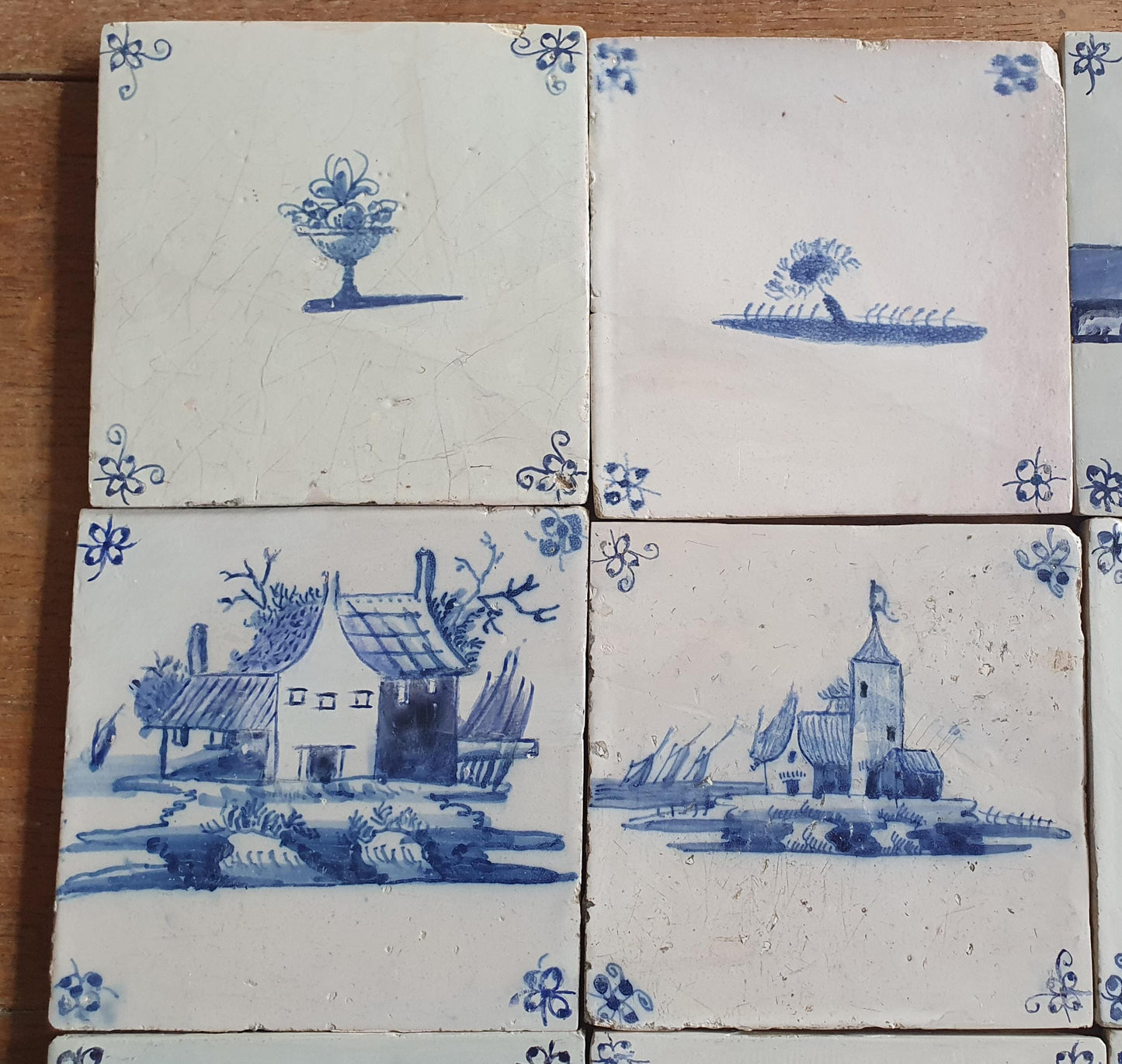 9 x Antique Delft landscape Tiles, tilepanel 17th Century Dutch Wall Decor.