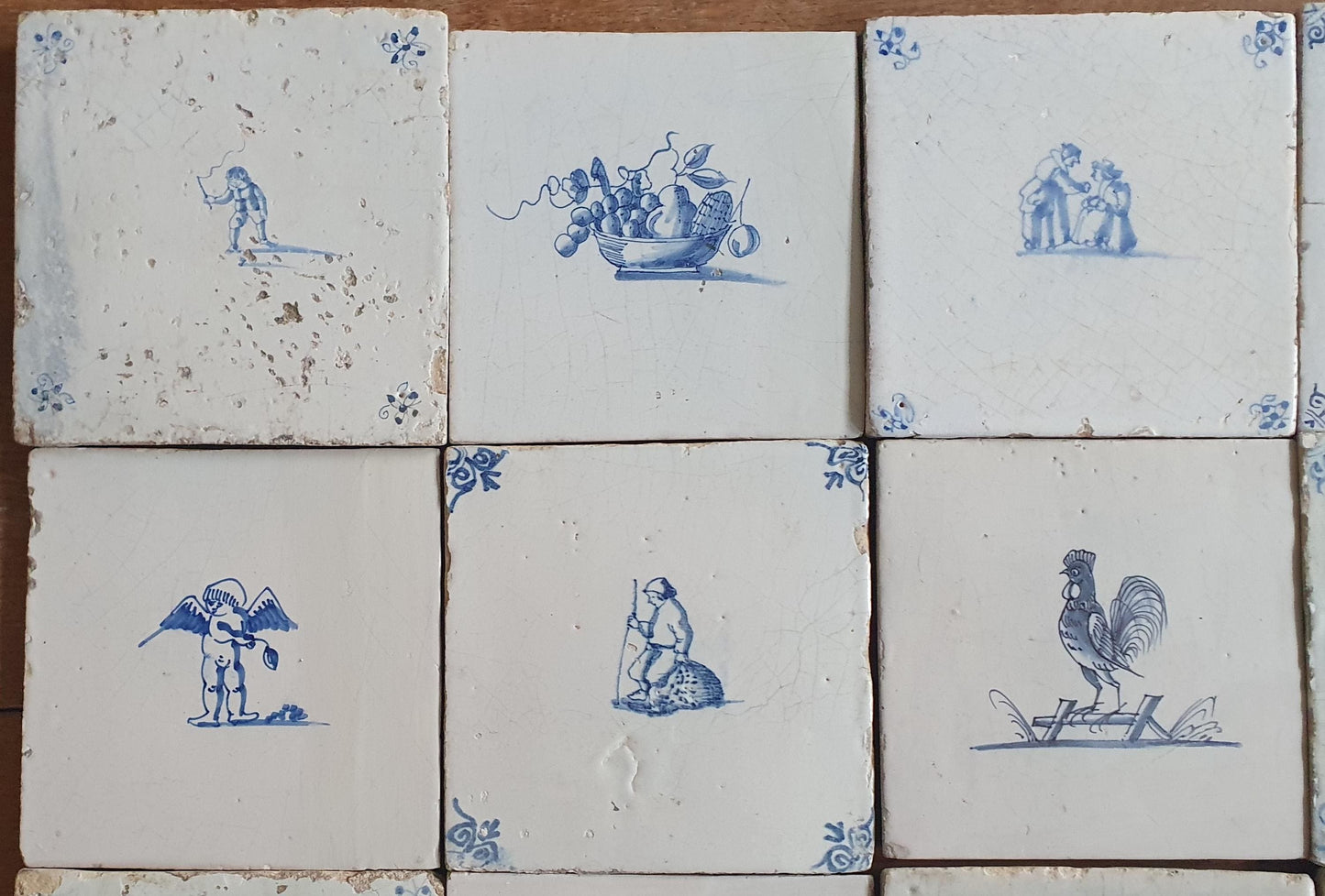 16 x Antique Delft tiles, 17th Century Dutch Wall Decor,