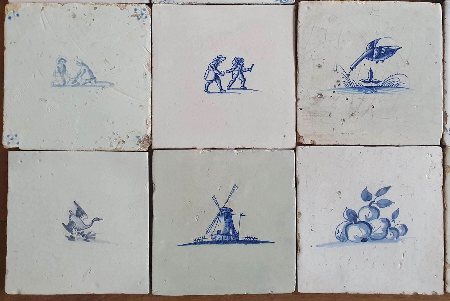 16 x Antique Delft tiles, 17th Century Dutch Wall Decor,