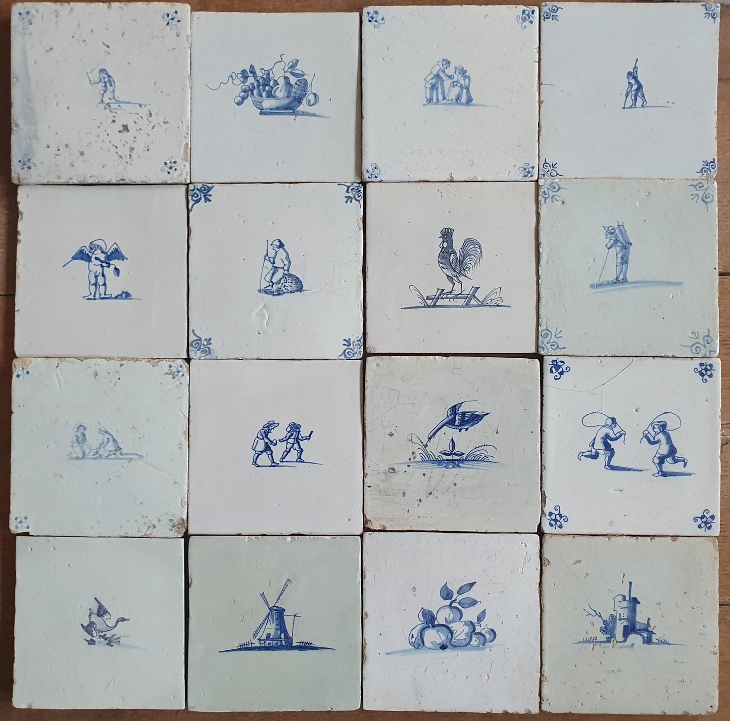 16 x Antique Delft tiles, 17th Century Dutch Wall Decor,