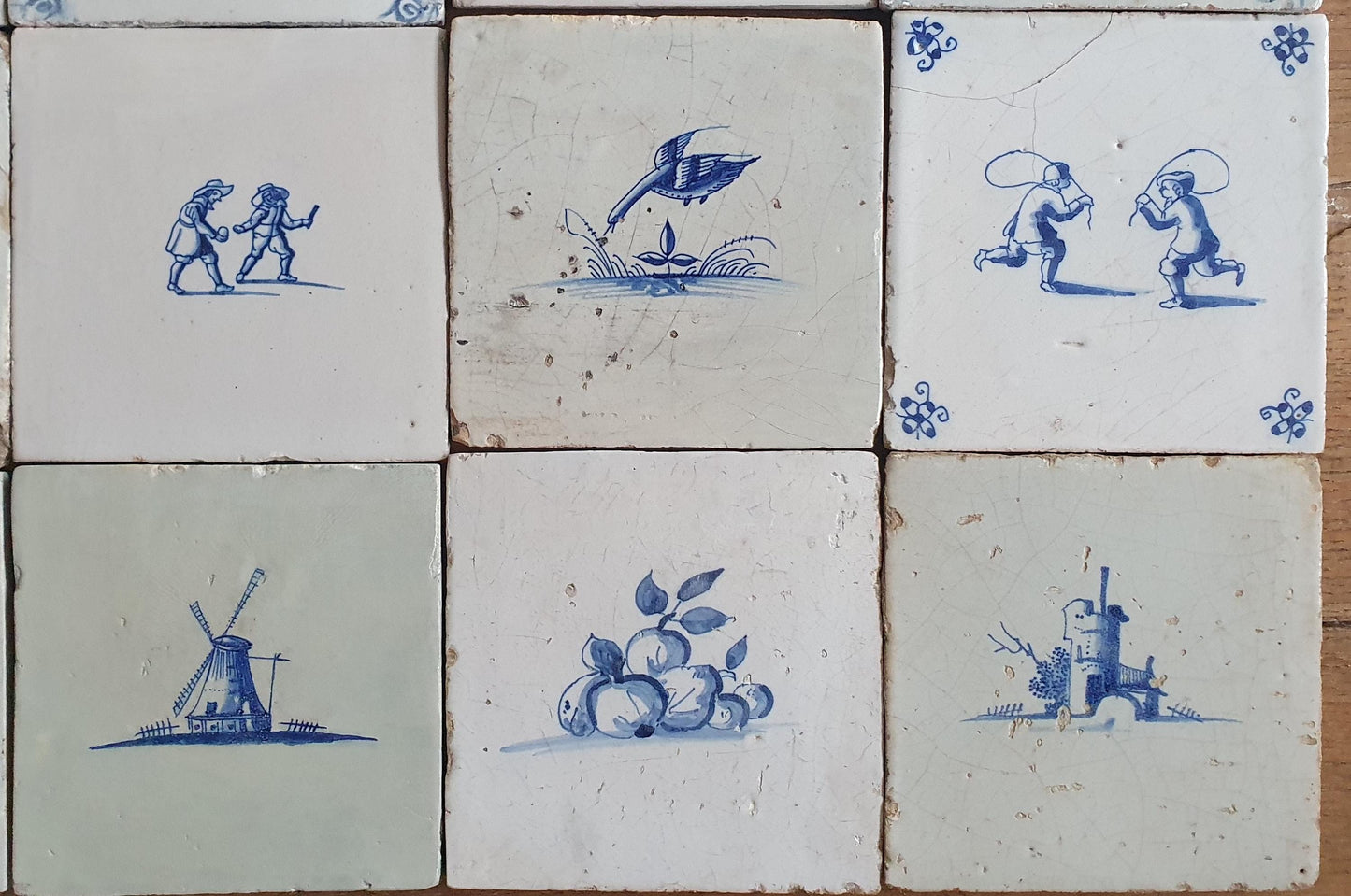 16 x Antique Delft tiles, 17th Century Dutch Wall Decor,