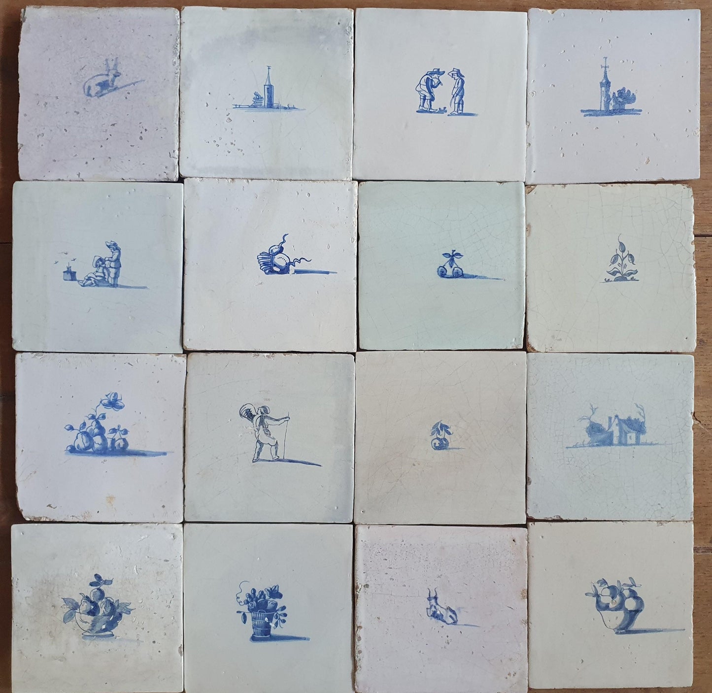 16 x Antique Delft tiles, tilepanel 17th Century Dutch Wall Decor,