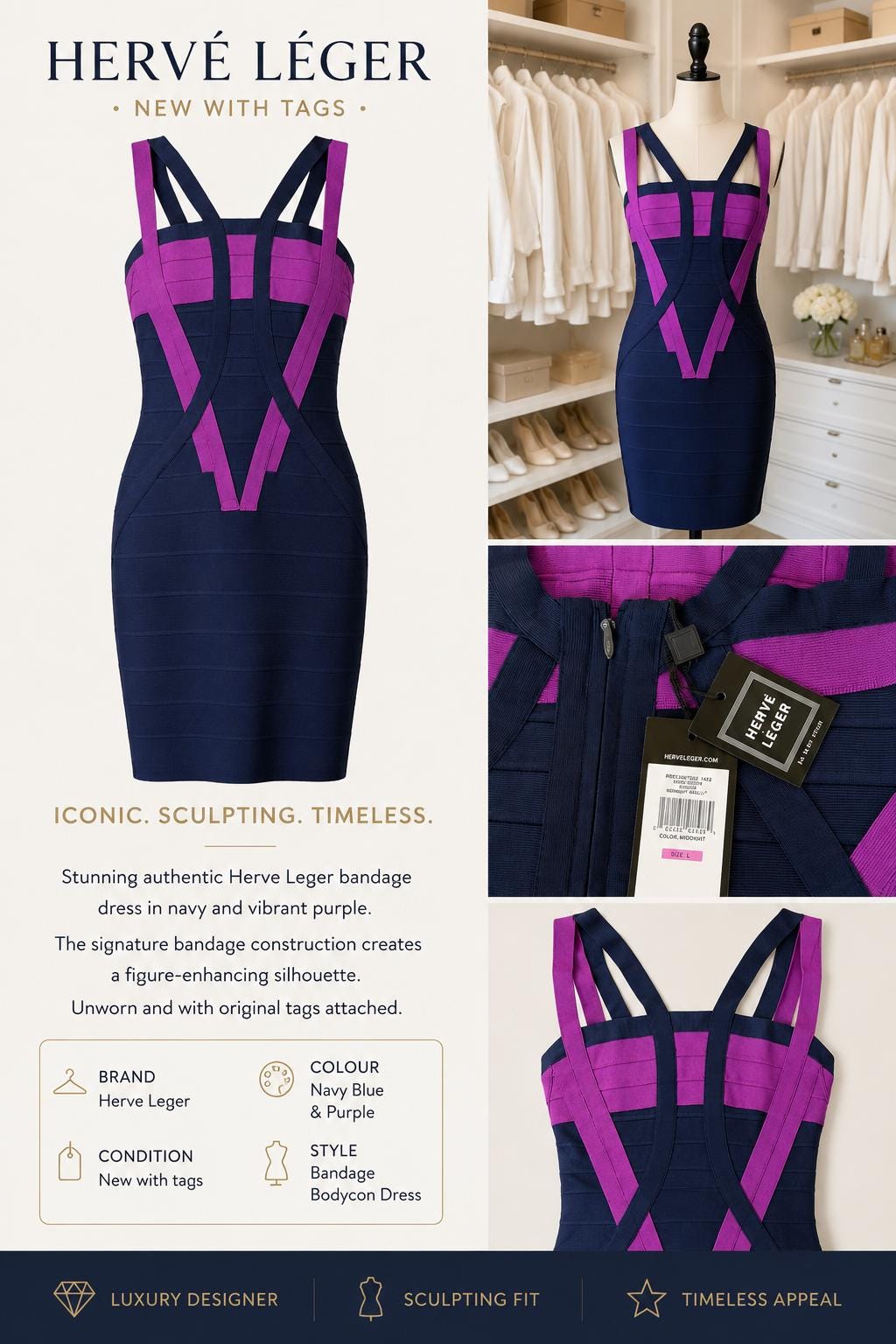Herve Leger bandage bodycon Dress size L. Iconic couture cocktail Dress