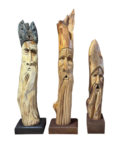 3 large woodcarving figures home and  garden statues, set of 3 tree men, unica from dutch handcarving artist