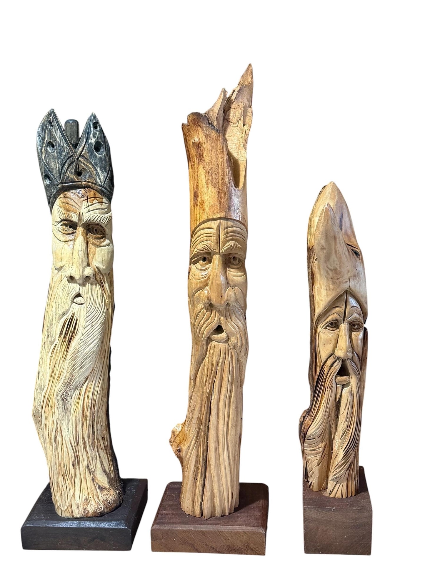 3 large woodcarving figures home and  garden statues, set of 3 tree men, unica from dutch handcarving artist
