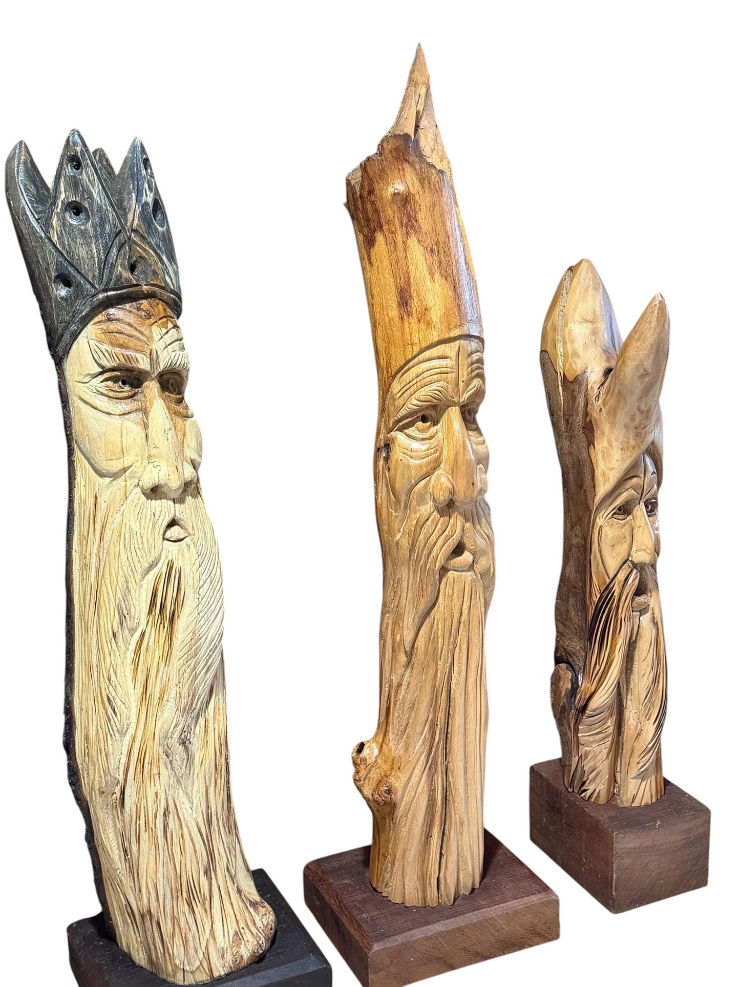 3 large woodcarving figures home and  garden statues, set of 3 tree men, unica from dutch handcarving artist
